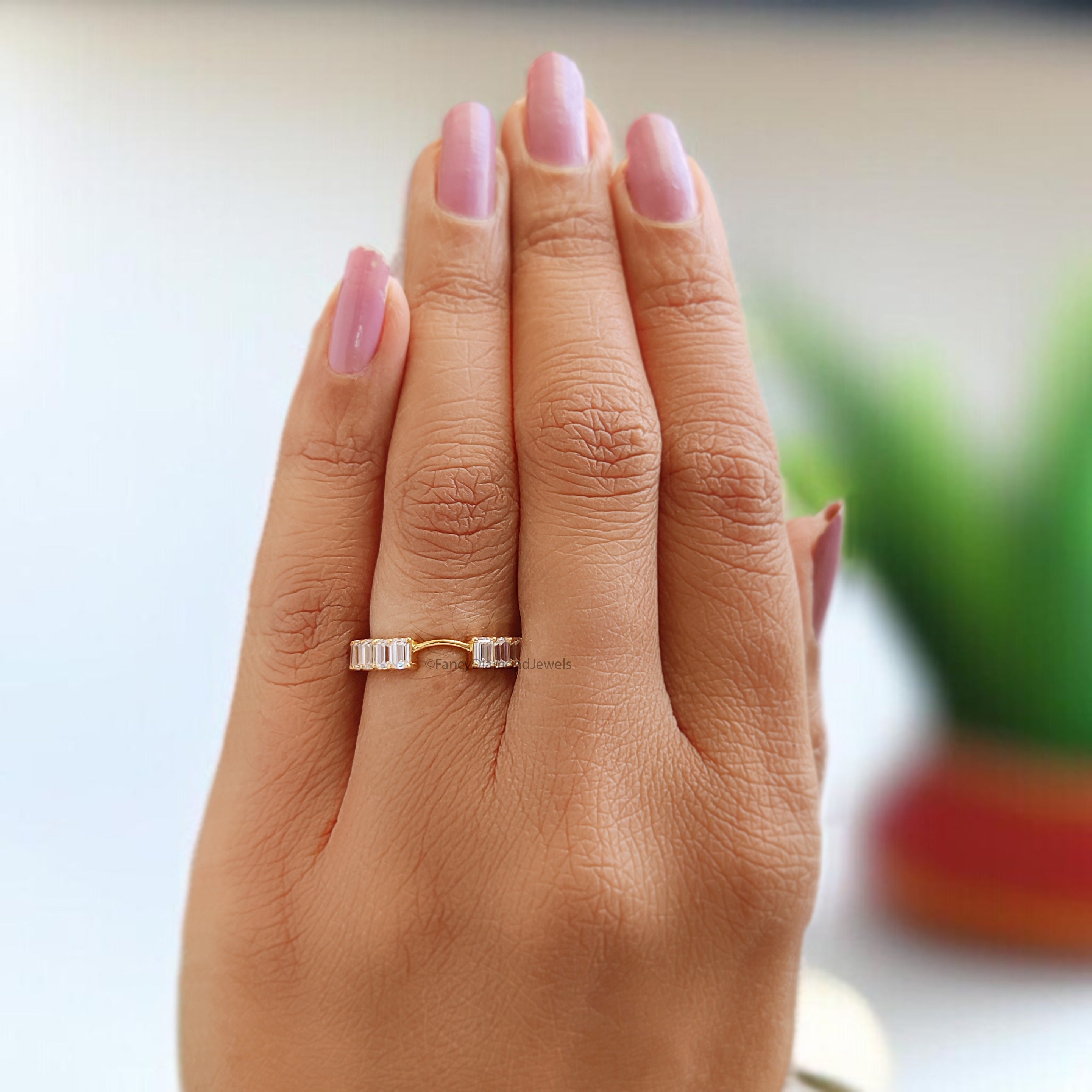 Emerald Cut Wedding Band Yellow Gold Unique Half Eternity Anniversary Wedding Band Vintage Notched Stacking Matching Gift For Her FD528