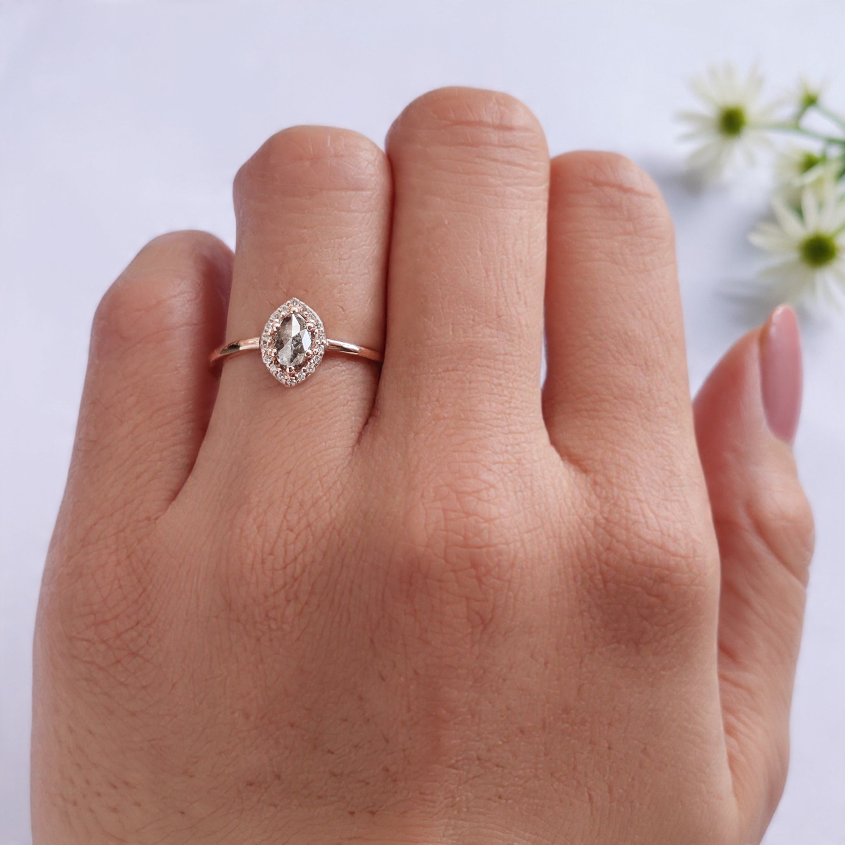 0.43 Ct Natural Marquise Salt And Pepper Diamond Ring 6.30 MM Marquise Cut Ring 14K Solid Rose Gold Silver Halo Engagement Ring KD1119