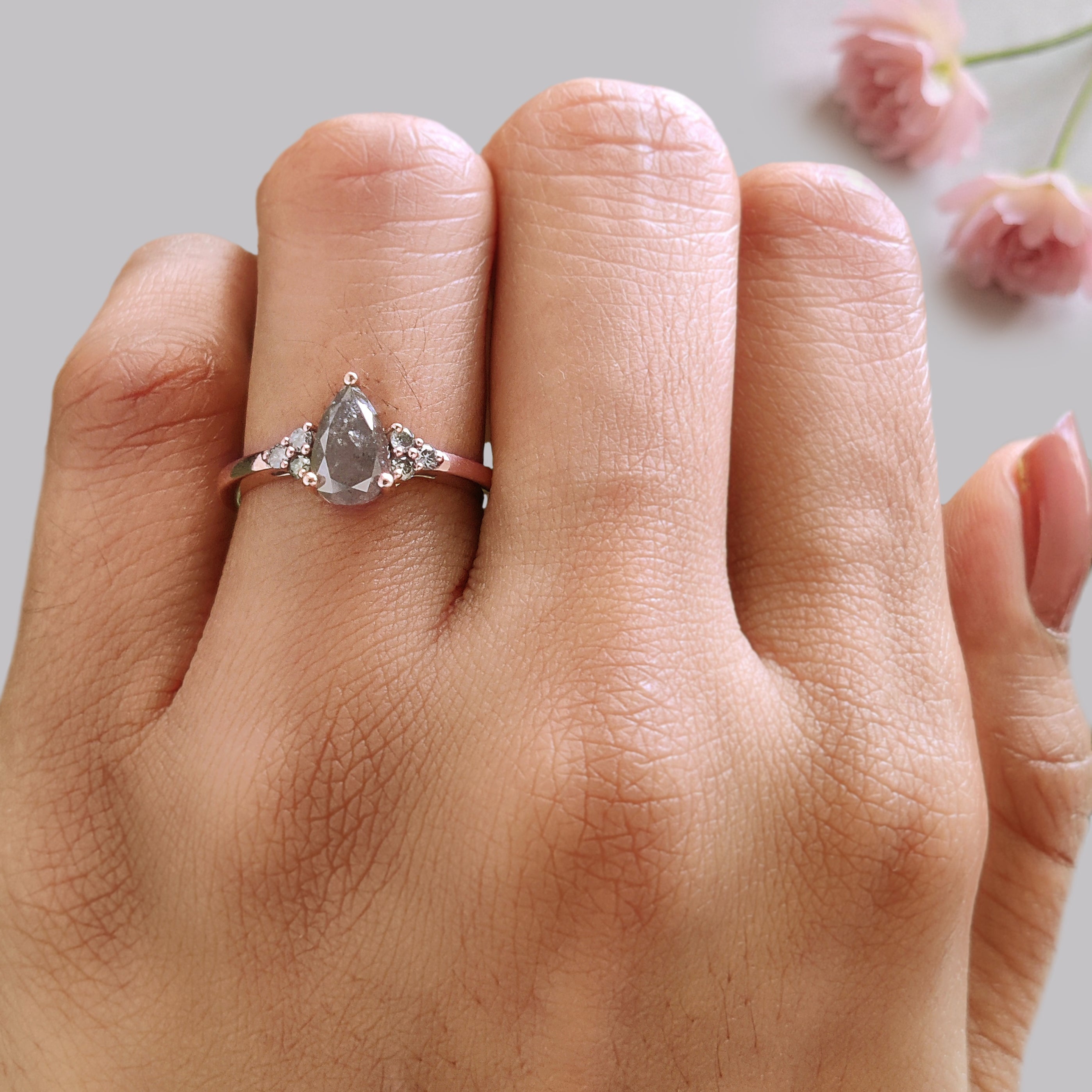 Pear Cut Gray Color Diamond Ring 1.30 Ct 8.43 MM Pear Diamond Ring 14K Solid Rose Gold Silver Pear Engagement Ring Gift For Her KDK2706