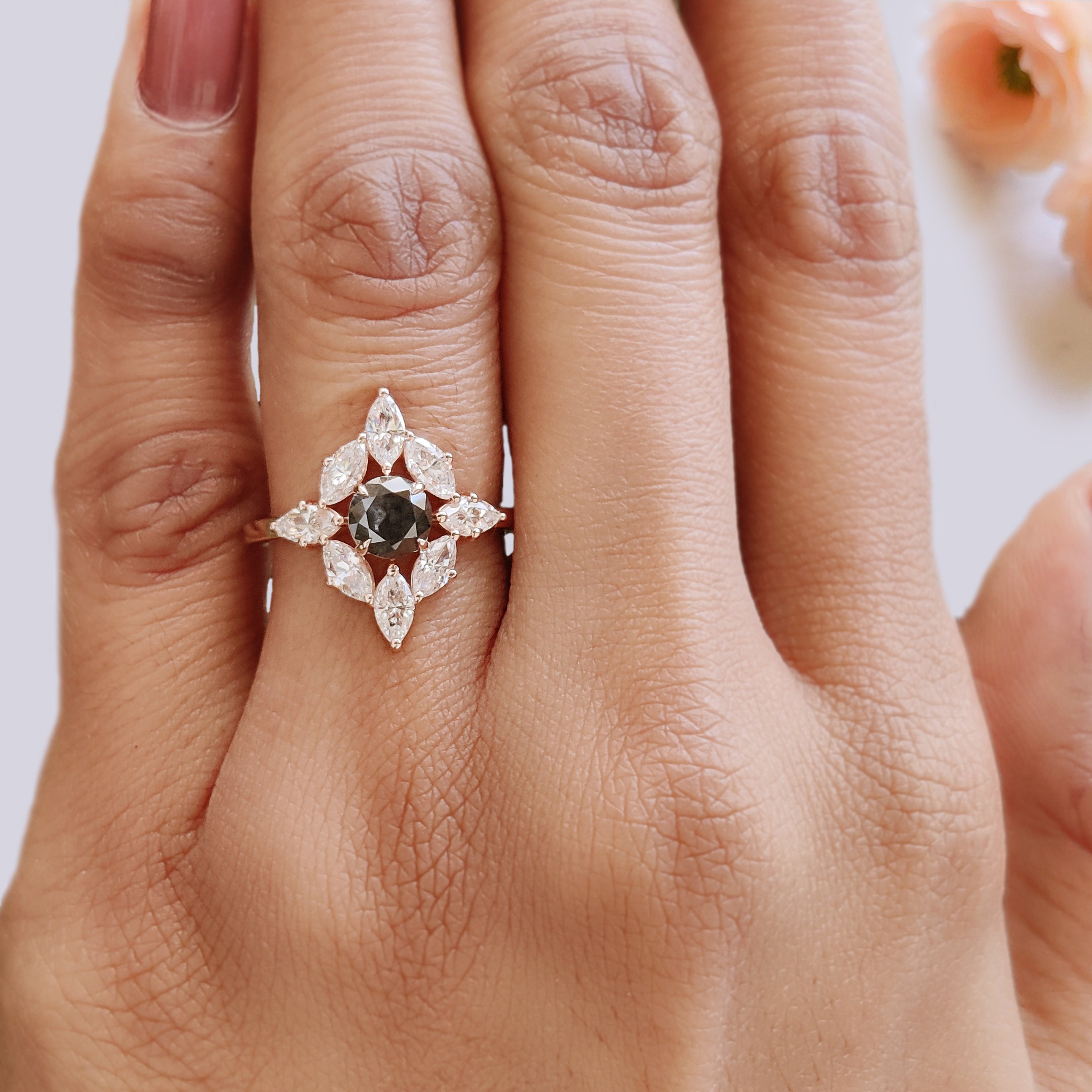 0.68 Ct Natural Round Shape Salt And Pepper Diamond Ring 5.30 MM Round Cut Diamond Ring 14K Solid Rose Gold Silver Engagement Ring KDL1765