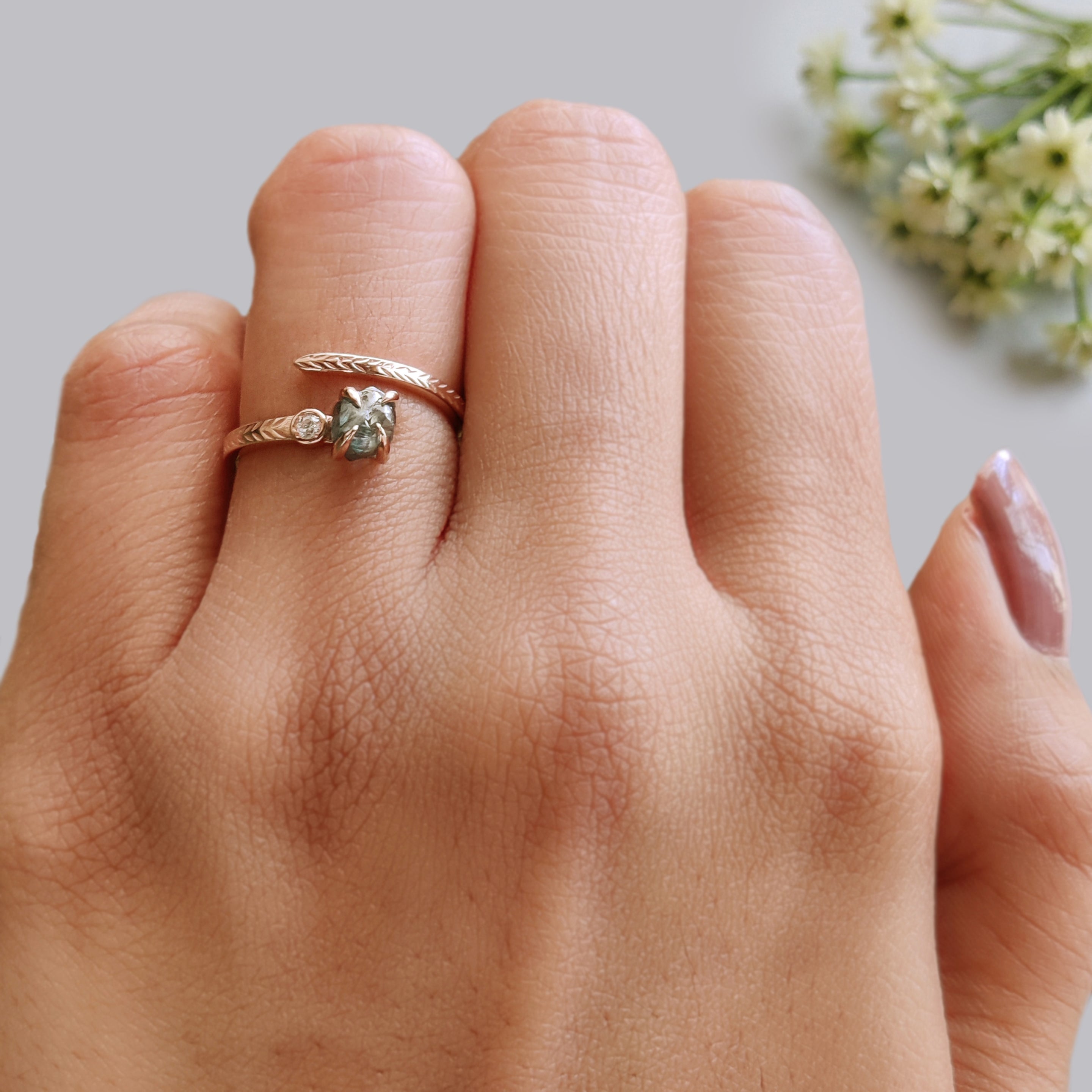 0.97 Ct Natural Rough Cut Blue Color Diamond Ring 5.63 MM Crystal Rough Diamond Ring 14K Solid Rose Gold Silver Engagement Ring KDL2347