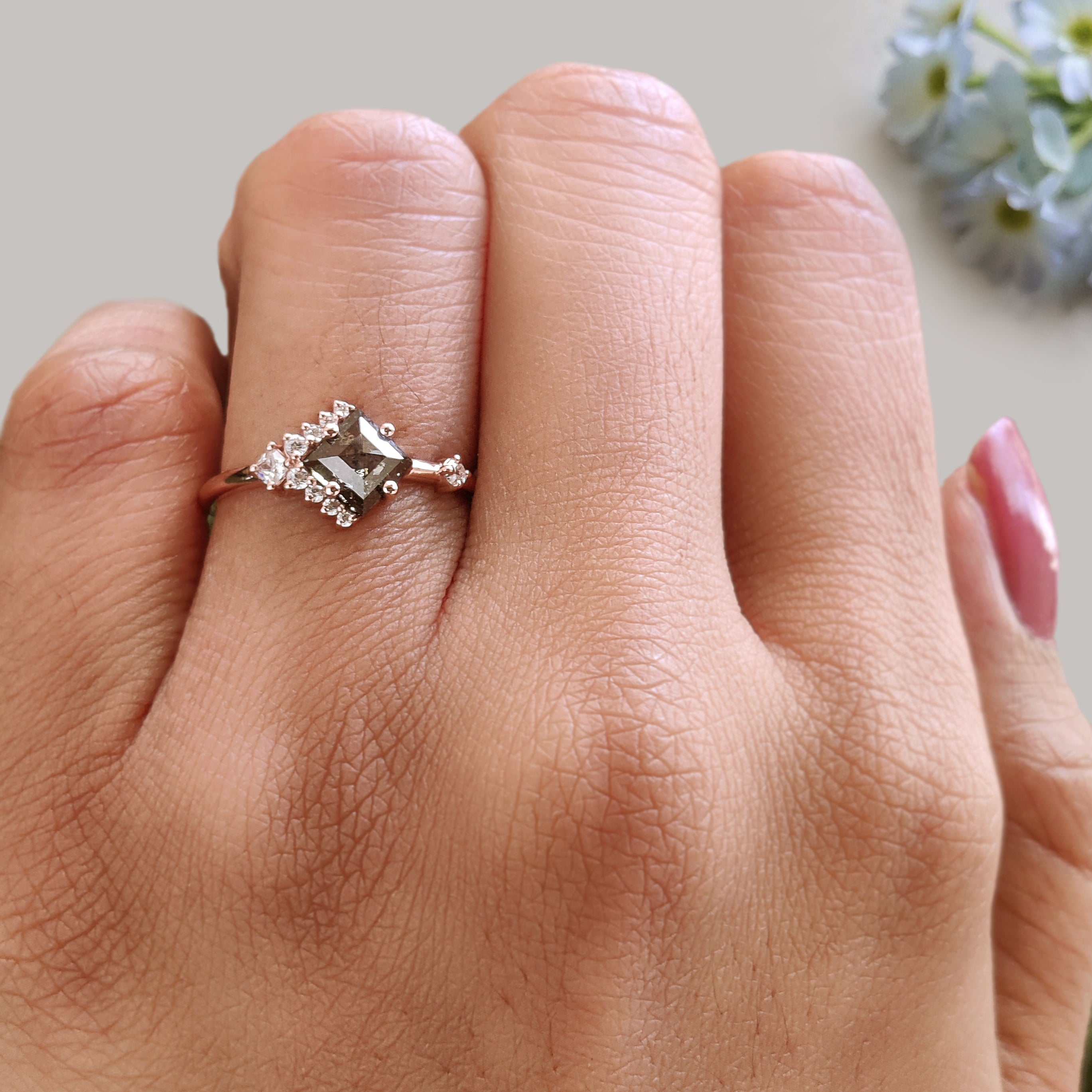 Kite Cut Salt And Pepper Diamond Ring 0.70 Ct 7.10 MM Kite Shape Diamond Ring 14K Solid Rose Gold Silver Engagement Ring Gift For Her KDN930