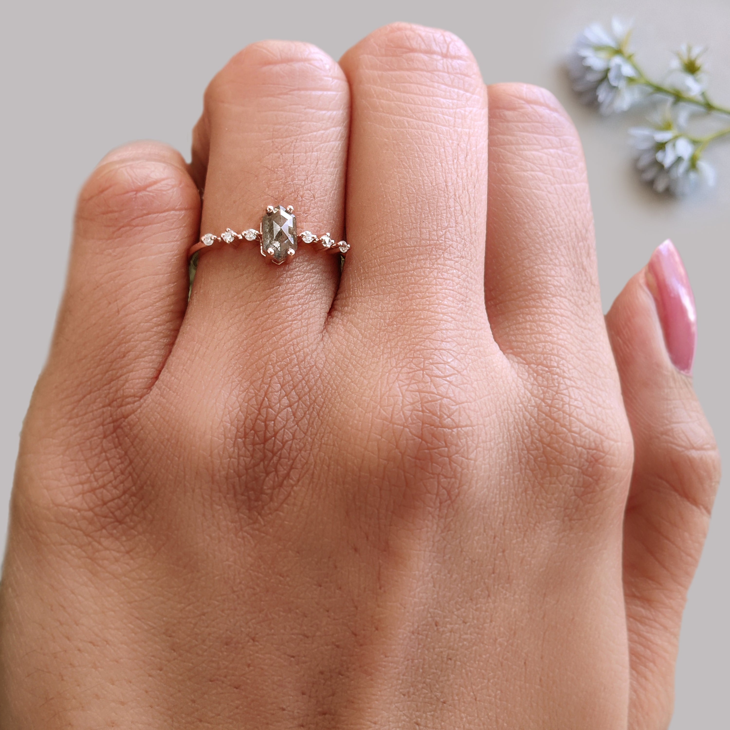 Hexagon Cut Salt And Pepper Diamond Ring 0.48 Ct 6.38 MM Hexagon Cut Diamond Ring 14K Rose Gold Silver Engagement Ring Gift For Her KDL2472