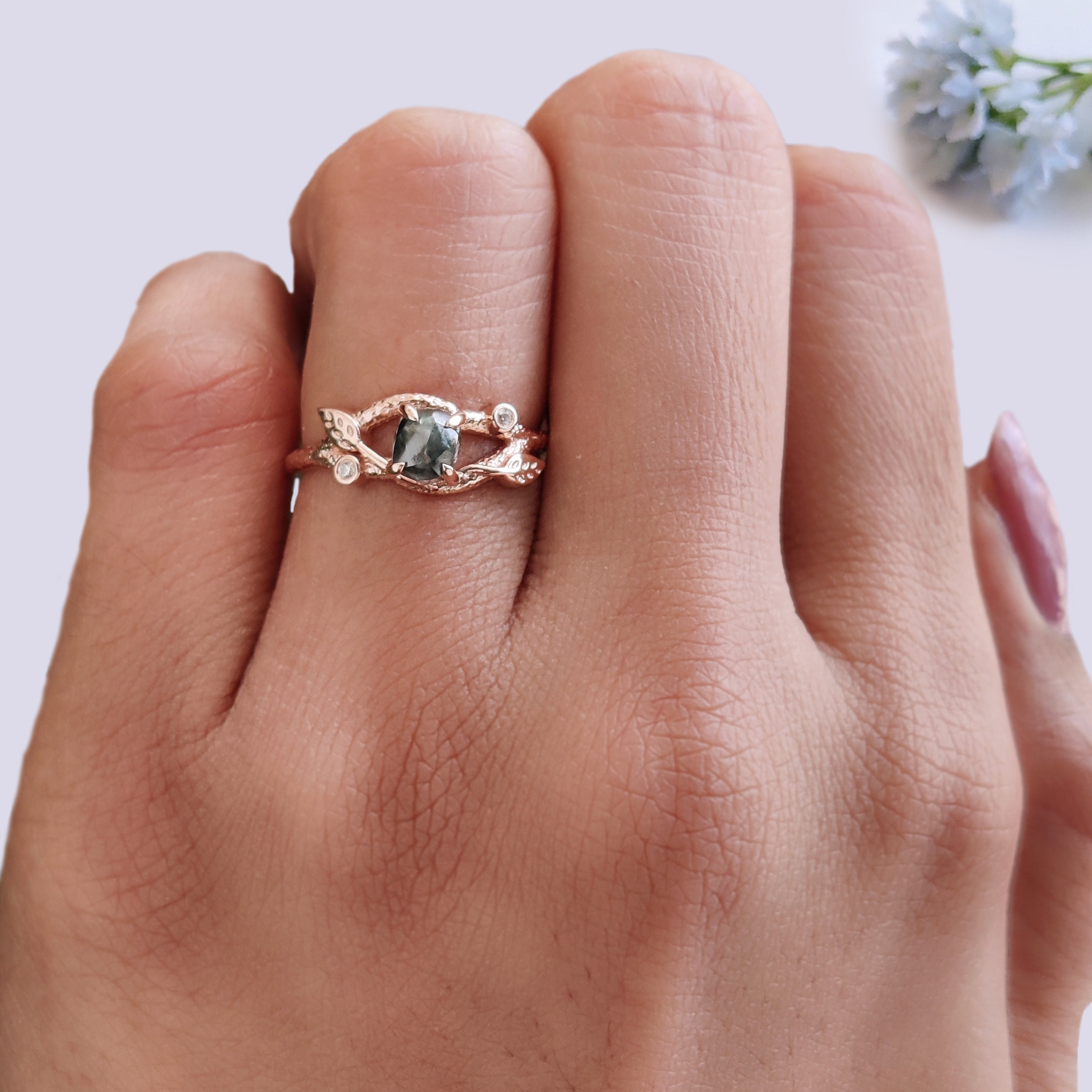 Rough Blue Color Diamond Ring 0.81 Ct 5.45 MM Crystal Rough Diamond Ring 14K Solid Rose Gold Silver Engagement Ring Gift For Her QL2228