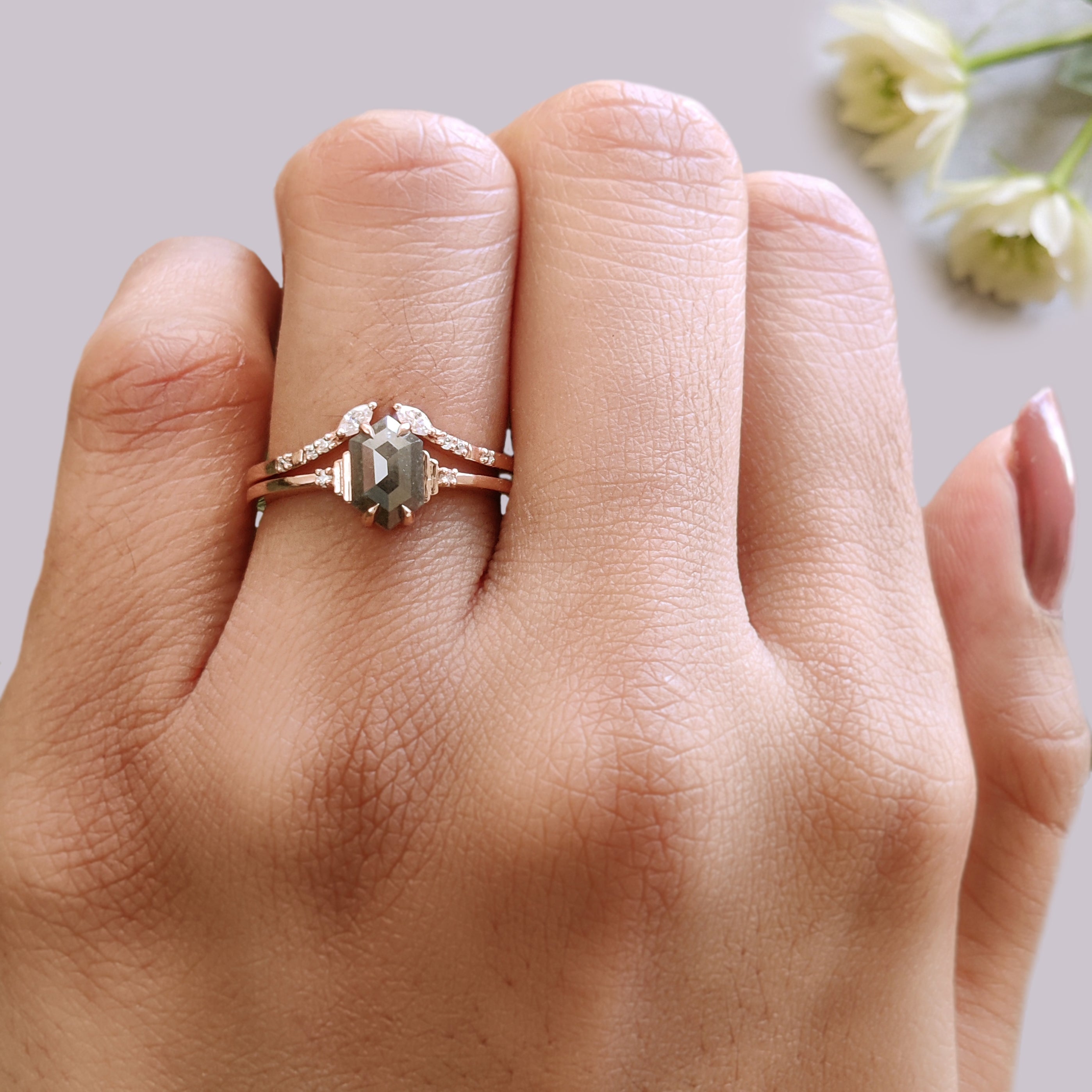 1.06 Ct Natural Hexagon Salt And Pepper Diamond Ring 7.70 MM Hexagon Cut Diamond Ring 14K Solid Rose Gold Silver Engagement Ring Set KDN7118