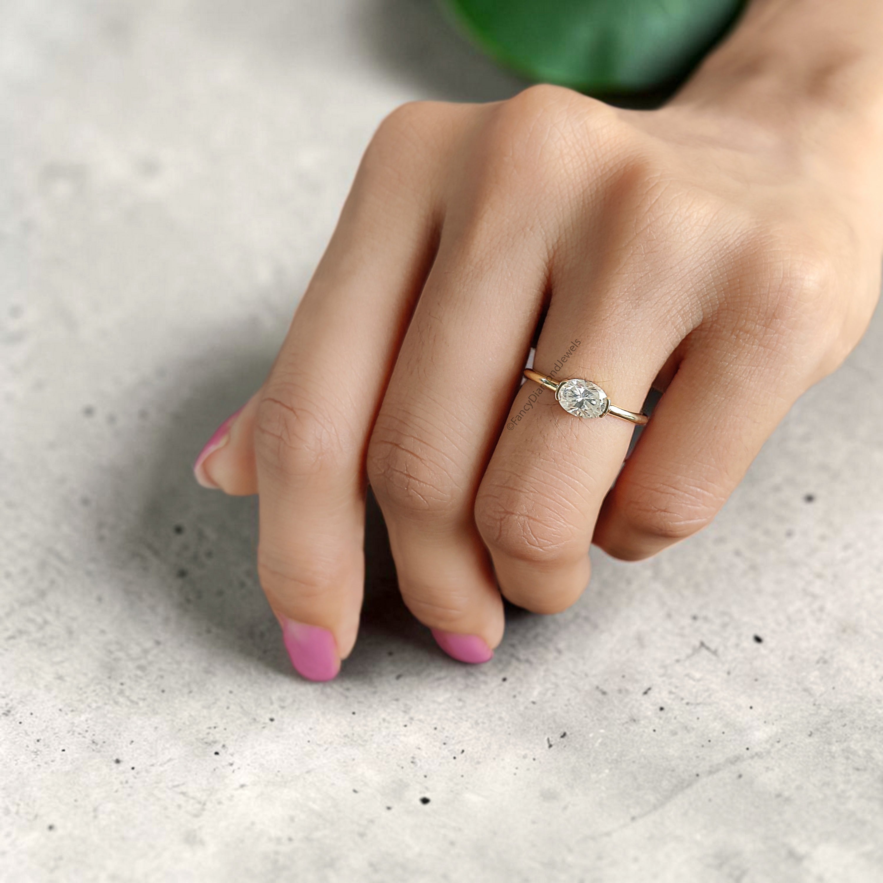 Oval Shape Lab Grown Diamond Half Bezel Ring Solid Gold, Thin Dainty Ring, Oval Diamond Pinky Ring, Minimal Wedding Band Gift For Her FD564