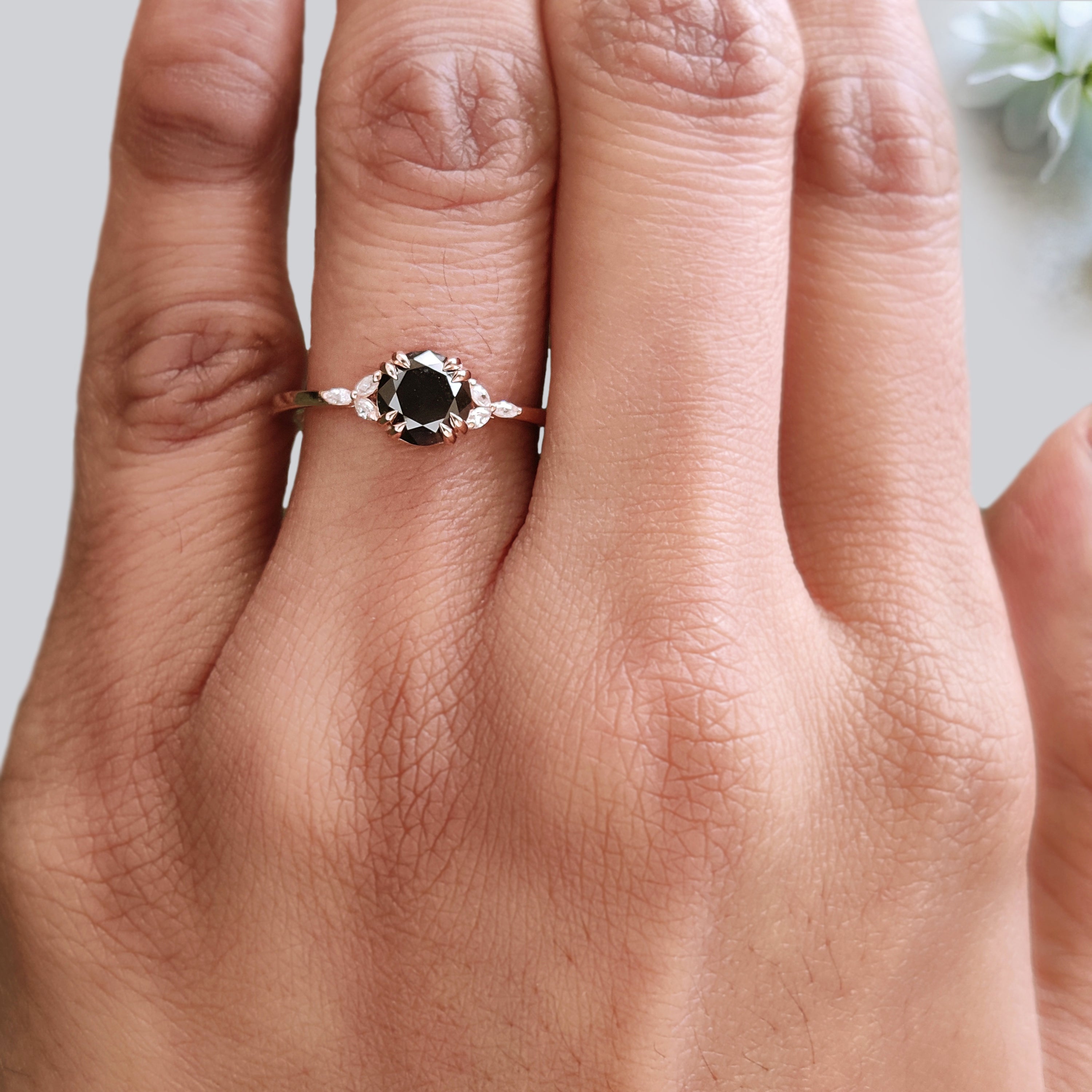 0.90 Ct Natural Round Shape Black Color Diamond Ring 6.05 MM Round Cut Diamond Ring 14K Solid Rose Gold Silver Round Engagement Ring KDL507