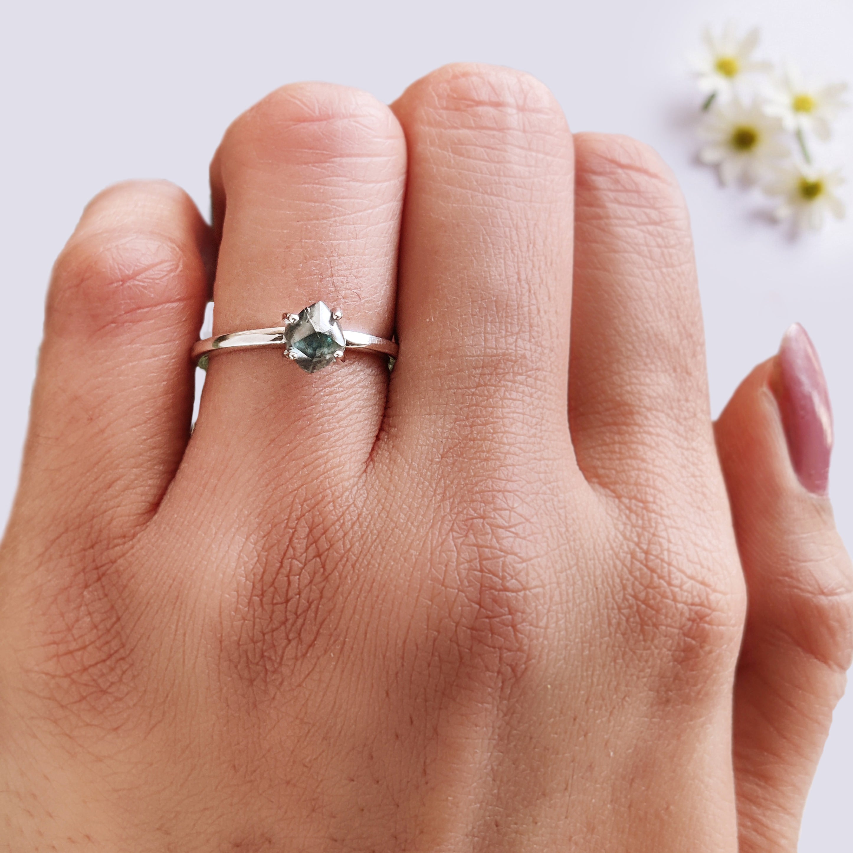 Rough Cut Blue Color Diamond Ring 1.35 Ct 6.40 MM Crystal Rough Diamond Ring 14K Solid White Gold Silver Engagement Ring Gift For Her QL2350