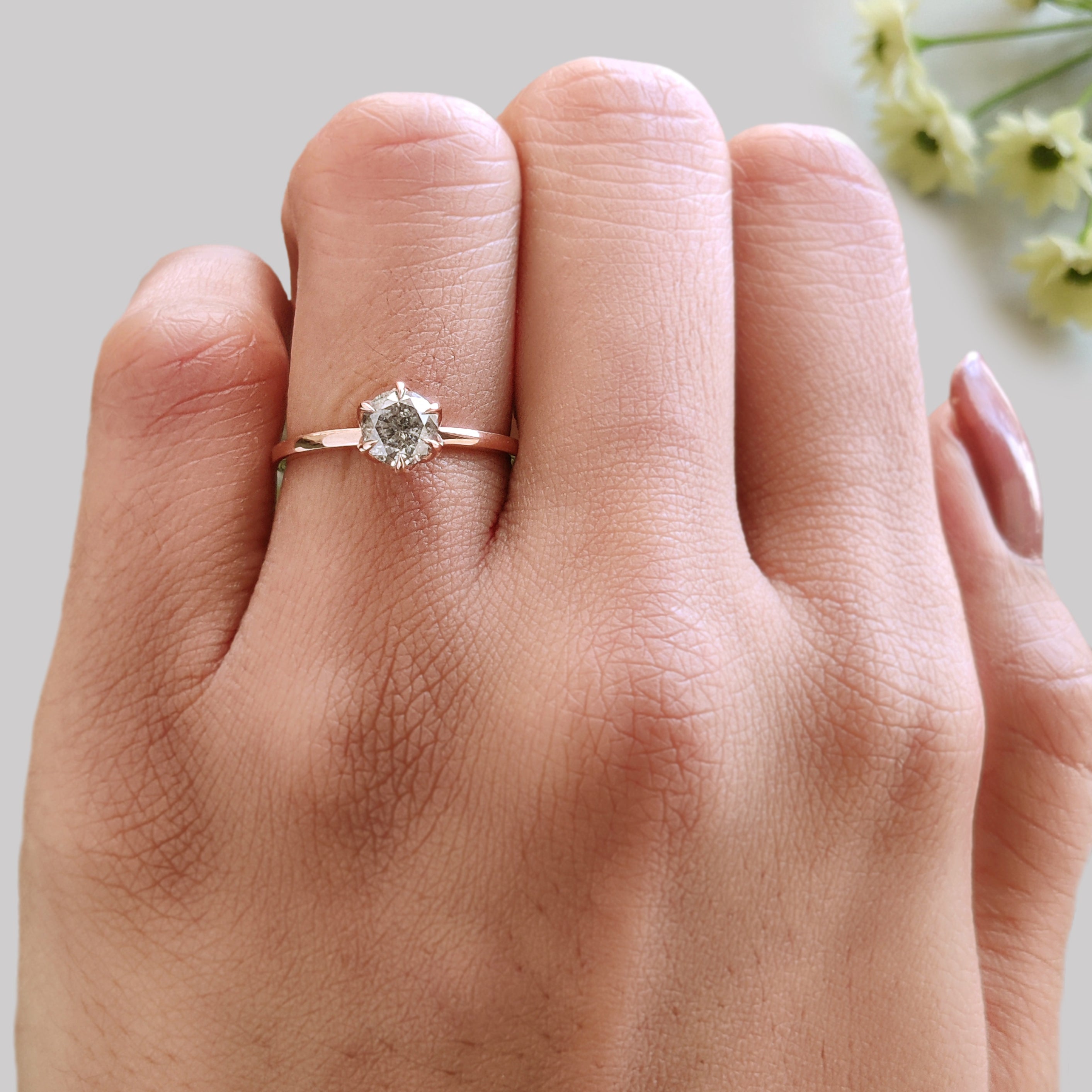 0.65 Ct Natural Round Shape Salt And Pepper Diamond Ring 5.37 MM Round Cut Diamond Ring 14K Solid Rose Gold Silver Engagement Ring KDL3486