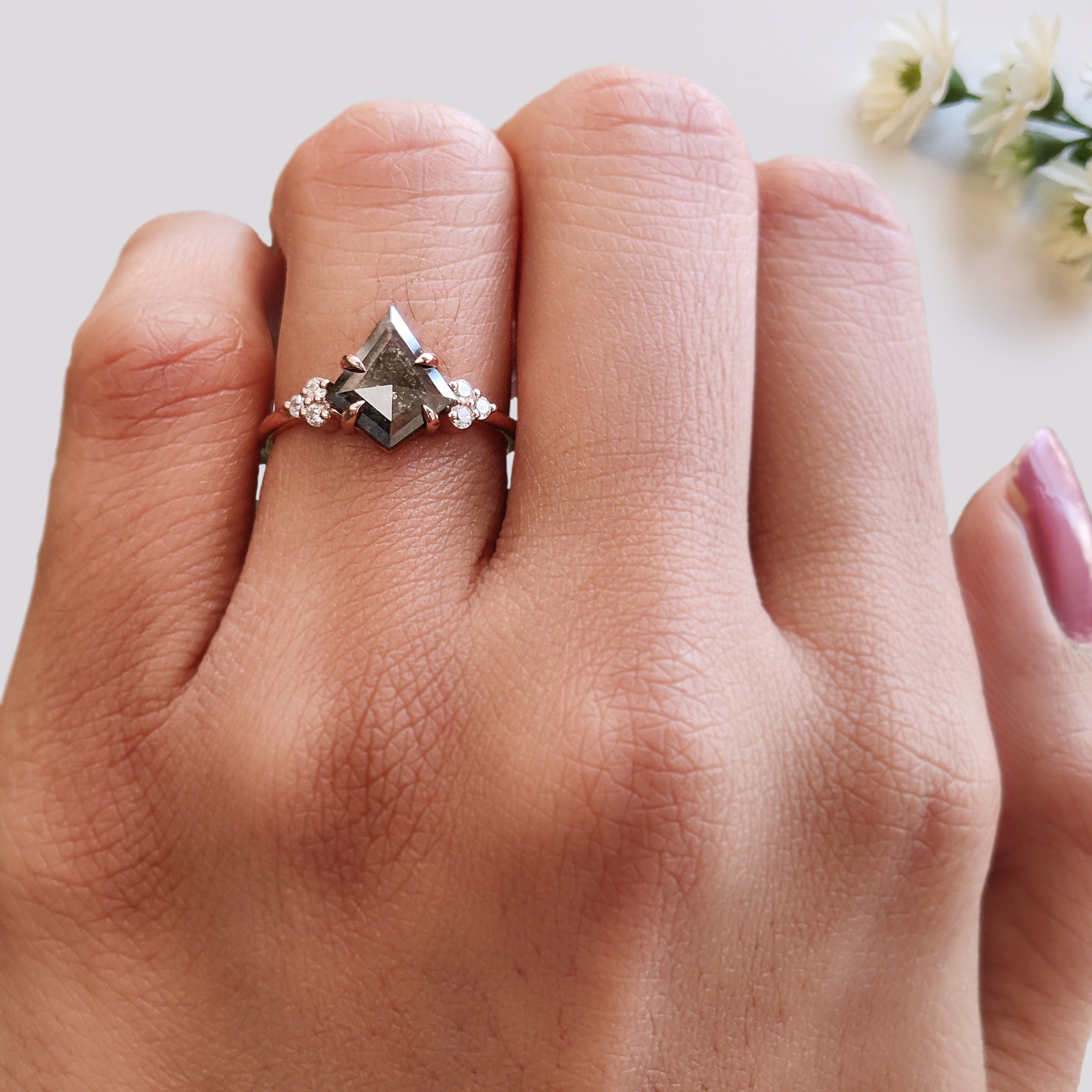 Kite Cut Salt And Pepper Diamond Ring 1.06 Ct 10.04 MM Kite Diamond Ring 14K Solid Rose Gold Silver Engagement Ring Gift For Her KDL3411
