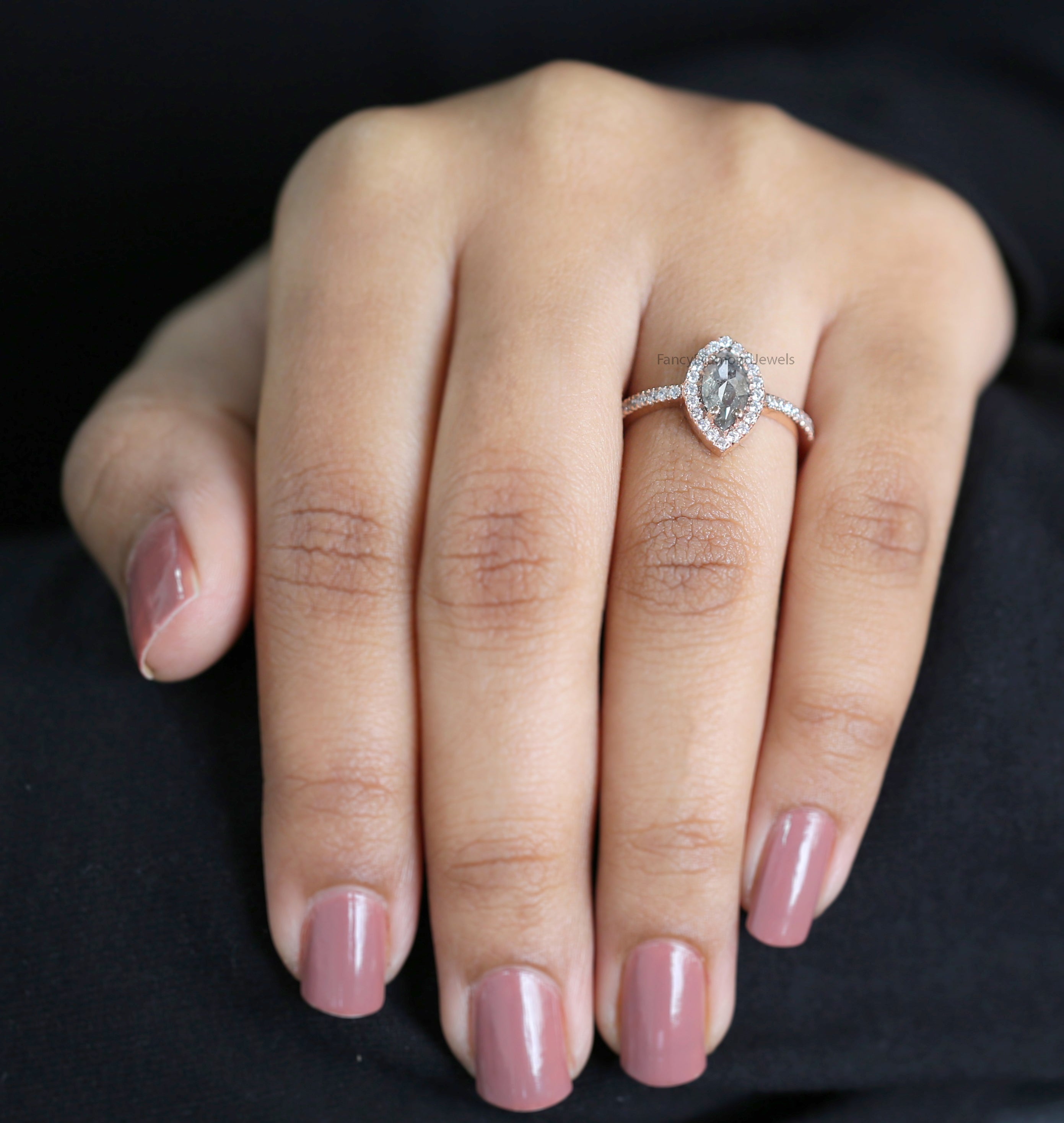 Marquise Cut Salt And Pepper Diamond Ring 0.83 Ct 8.50 MM Marquise Diamond Ring 14K Rose Gold Silver Engagement Ring Gift For Her QN9798