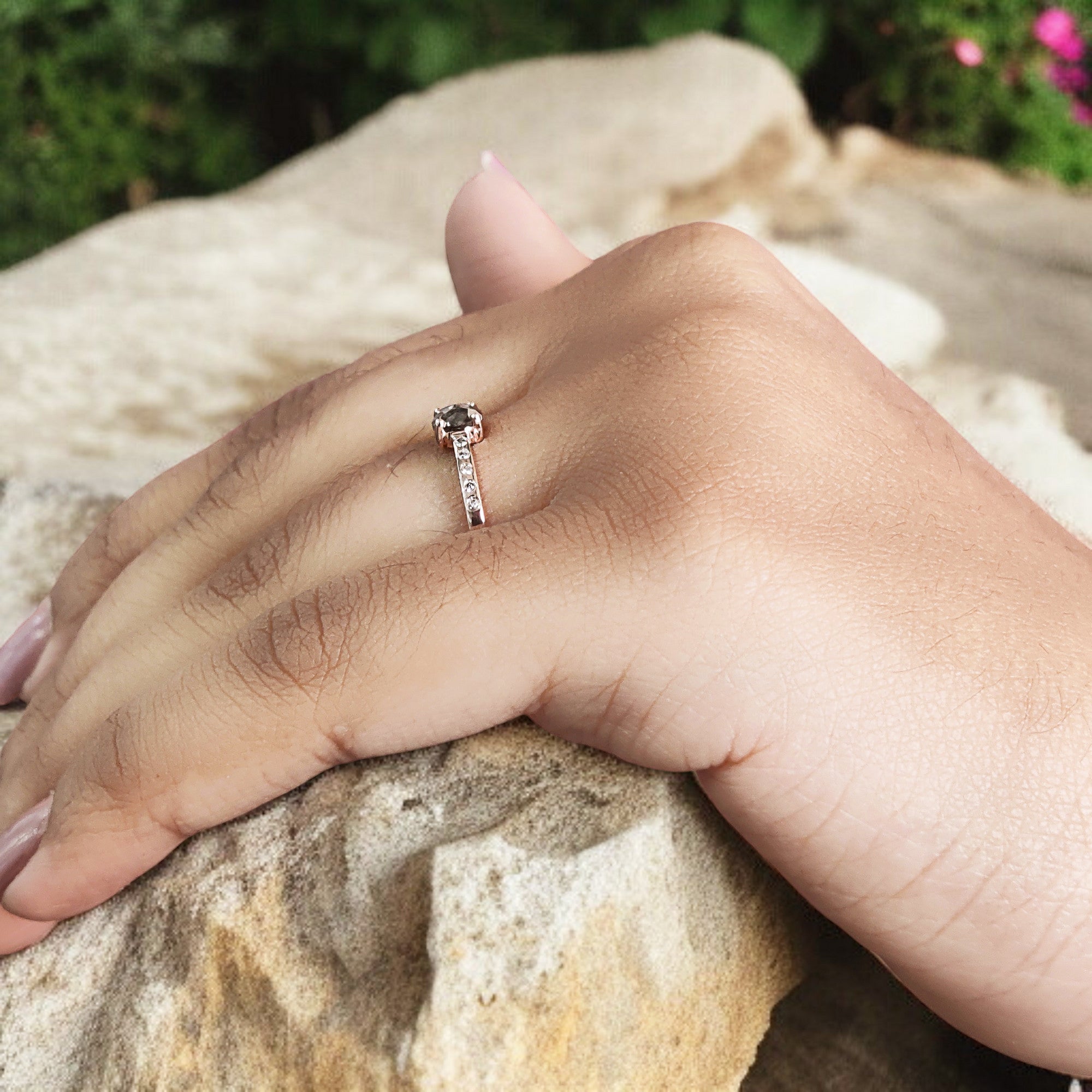 Oval Cut Salt And Pepper Diamond Ring 0.32 Ct 4.50 MM Oval Diamond Ring 14K Solid Rose Gold Silver Oval Engagement Ring Gift For Her QN9185