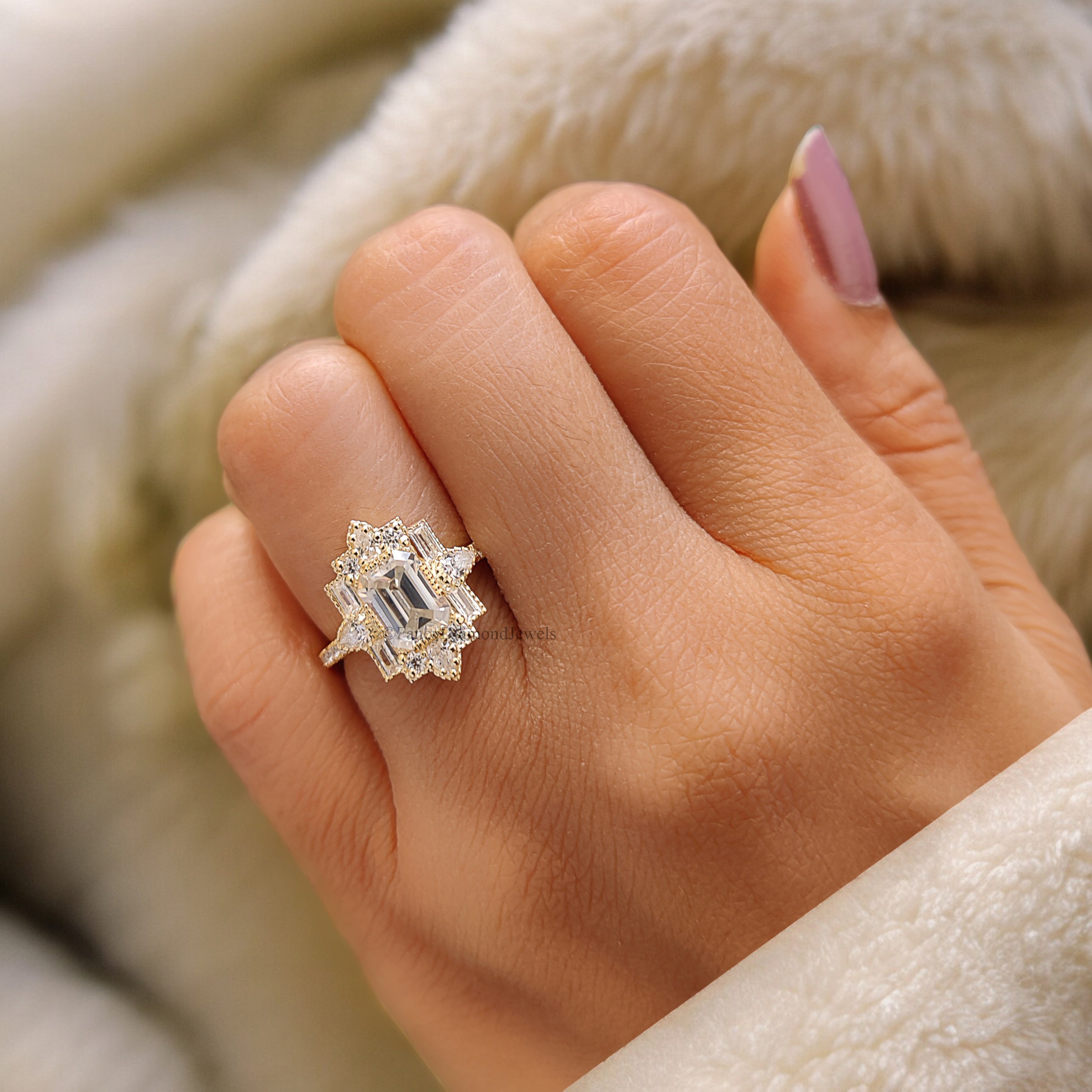 1.00 CT Emerald Cut Vintage Bridal Engagement Ring Baguette wedding ring Unique art deco ring Pear halo ring Starburst ring For Her FD188