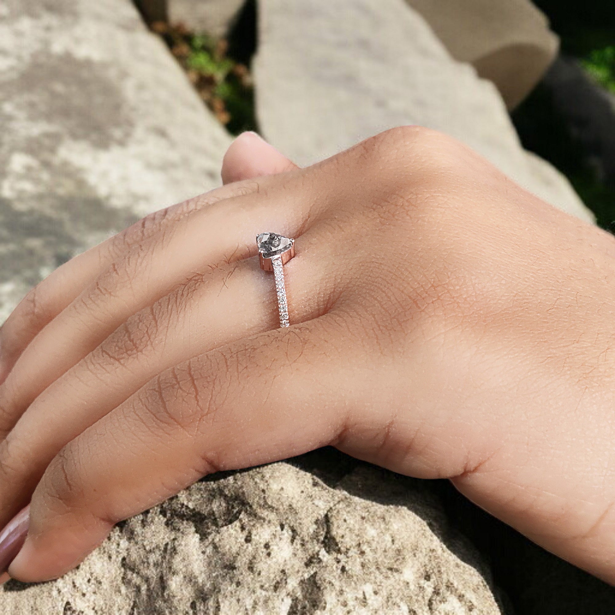 Heart Salt And Pepper Diamond Ring 0.50 Ct 4.85 MM Heart Shape Diamond Ring 14K Solid Rose Gold Silver Engagement Ring Gift For Her QL7880