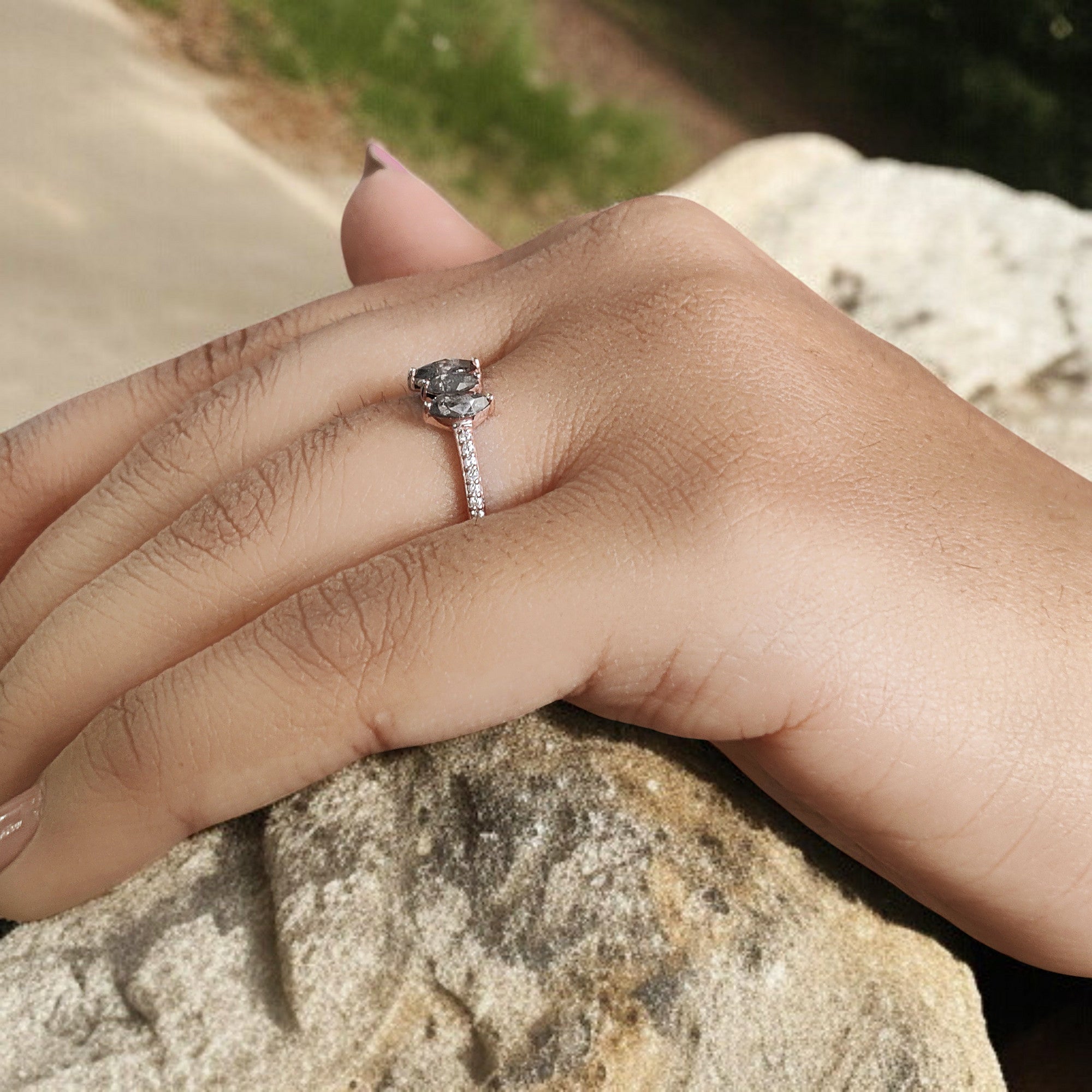 Marquise Cut Salt And Pepper Diamond Ring 0.55 Ct 6.05 MM Marquise Diamond Ring 14K Solid Rose Gold Engagement Ring Gift For Her QL2458