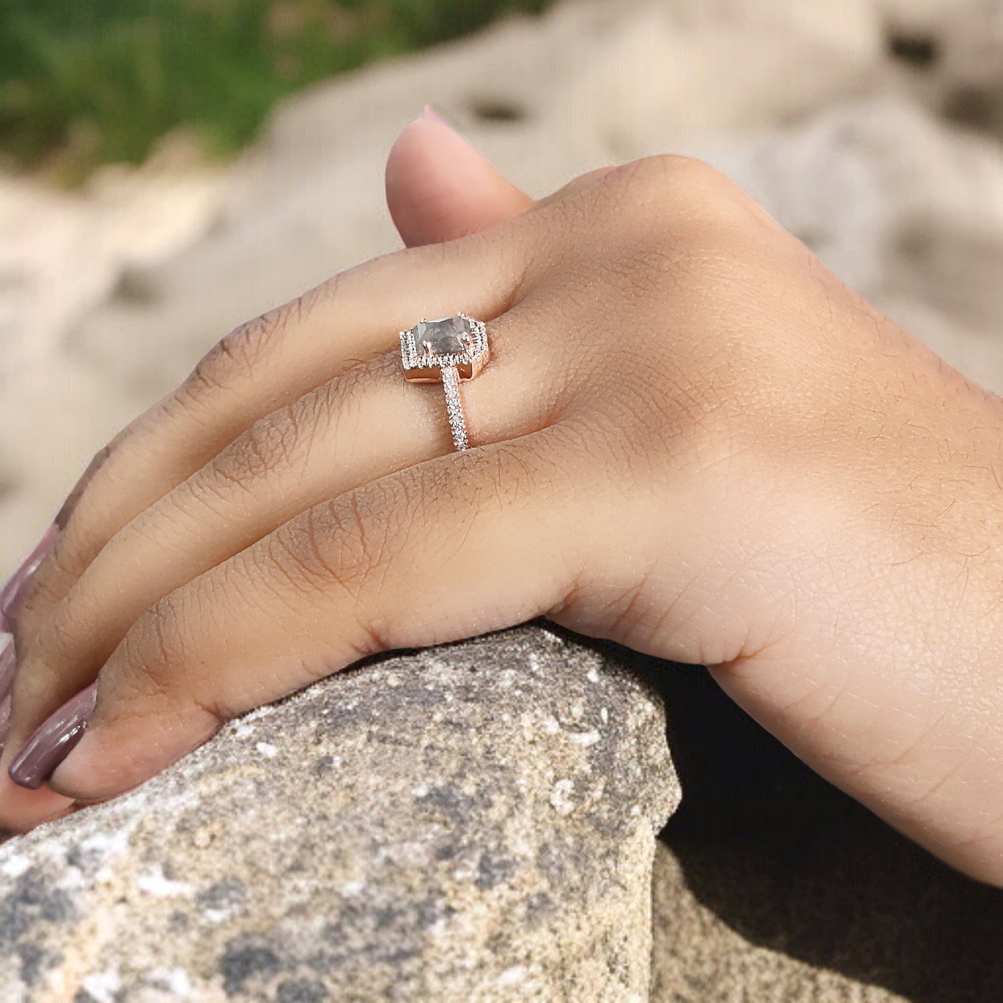 Coffin Salt And Pepper Diamond Ring, Salt And Pepper Coffin Diamond Engagement Ring, Coffin Shape Diamond Ring, Coffin Cut Ring, QL5831