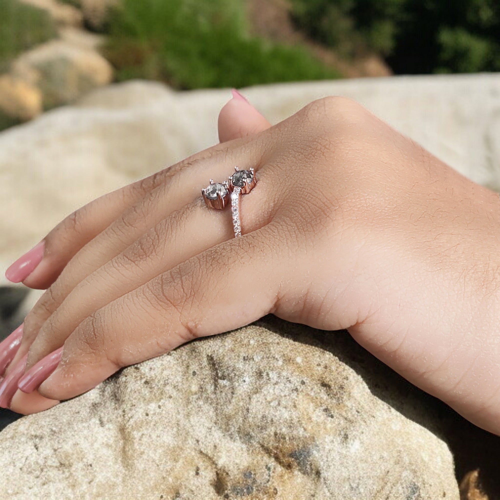 Round Rose Cut Salt And Pepper Diamond Ring 0.85 Ct 4.55 MM Round Diamond Ring 14K Rose Gold Silver Engagement Ring Gift For Her QL6309