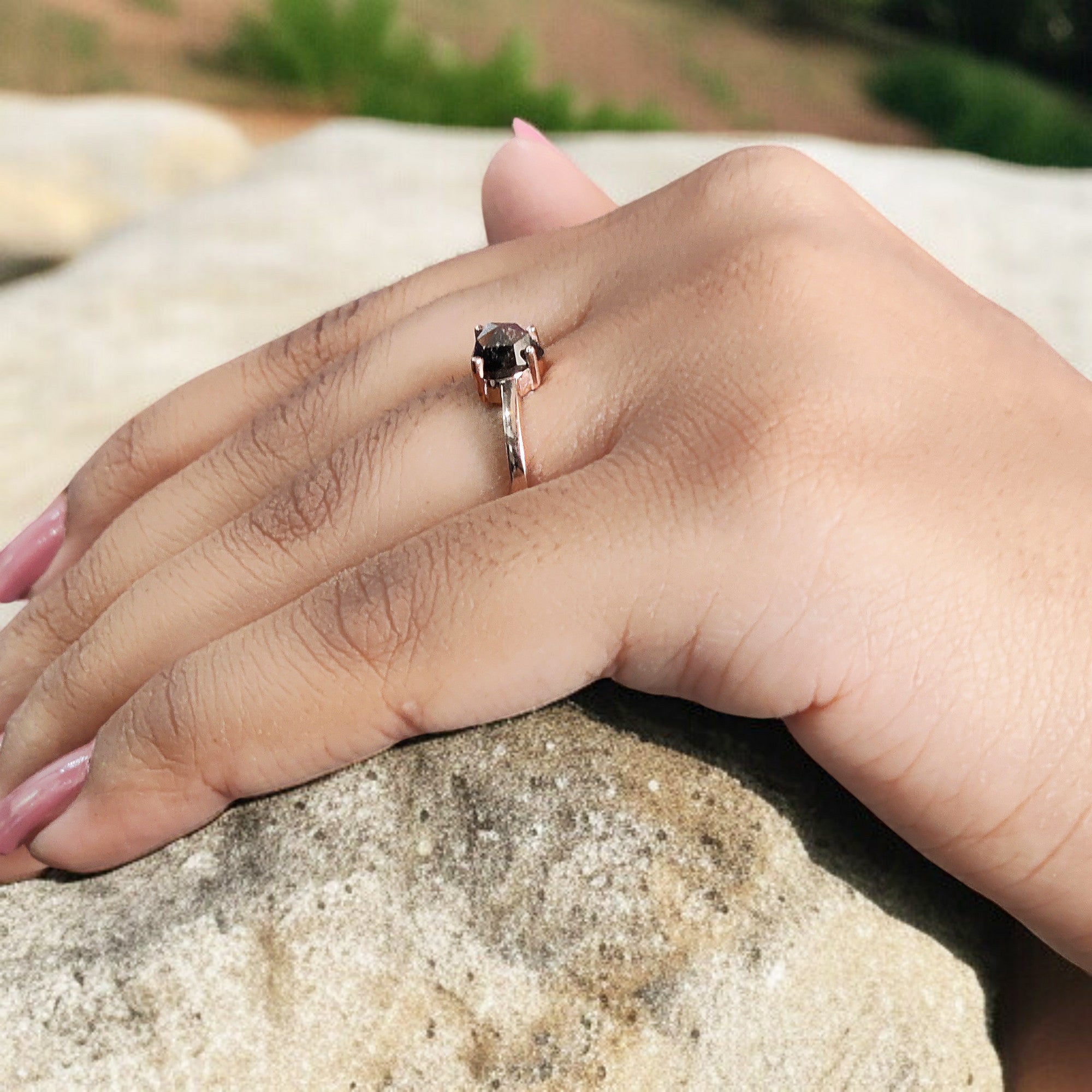 Heart Salt And Pepper Diamond Ring 1.36 Ct 6.50 MM Heart Cut Diamond Ring 14K Solid Rose Gold Silver Engagement Ring Gift For Her QL5092