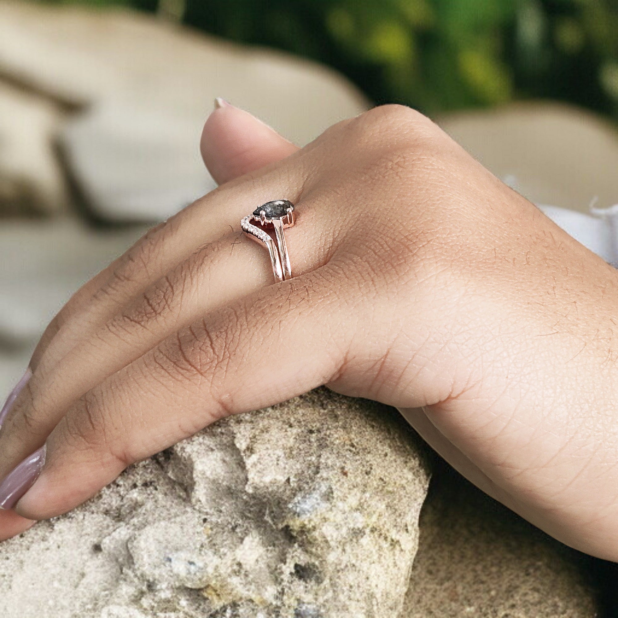 Pear Cut Salt And Pepper Diamond Ring 0.42 Ct 6.41 MM Pear Diamond Ring 14K Solid Rose Gold Silver Pear Engagement Ring Gift For Her QN2275