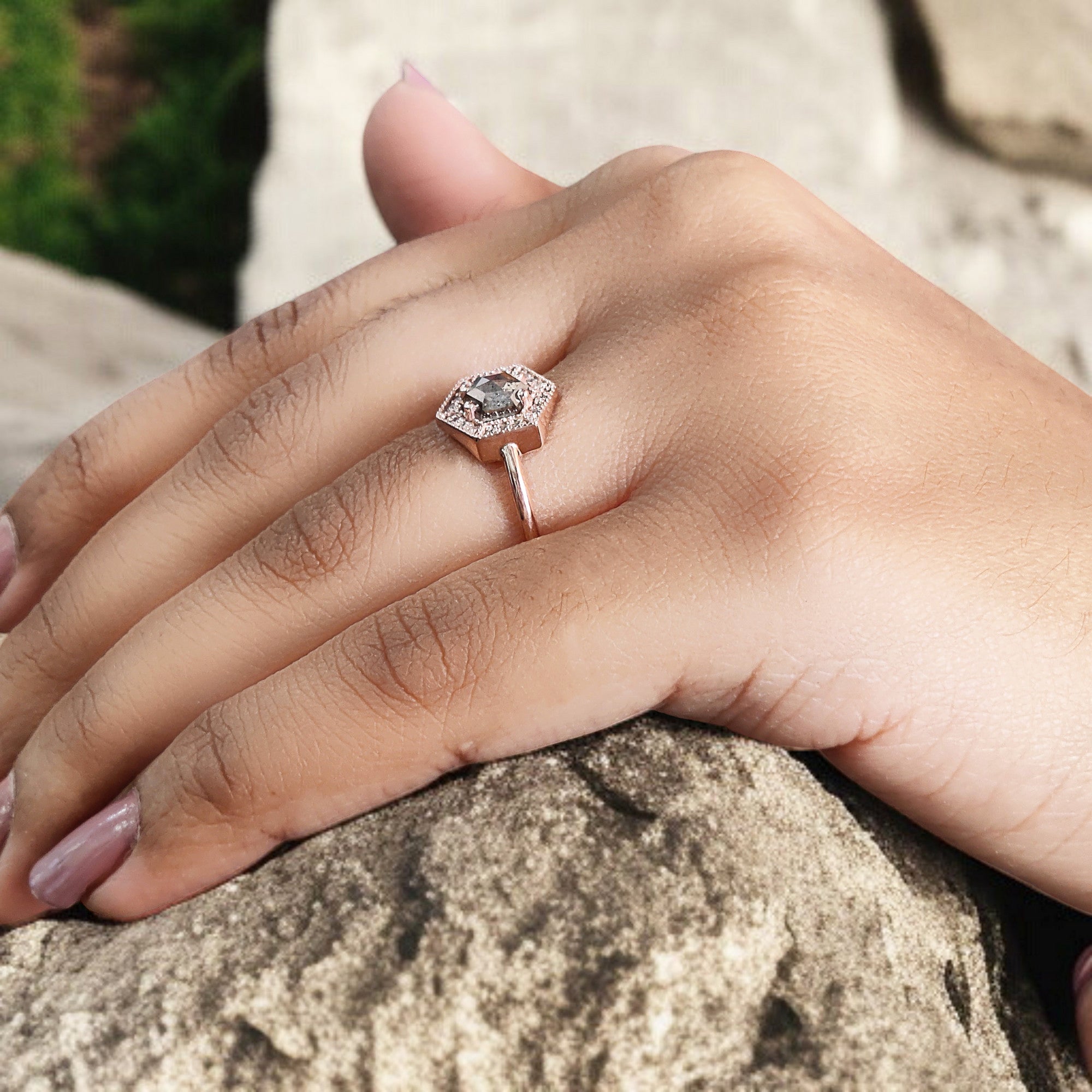 Hexagon Cut Salt And Pepper Diamond Ring 0.77 Ct 5.94 MM Hexagon Diamond Ring 14K Solid Rose Gold Silver Engagement Ring Gift For Her QL9543