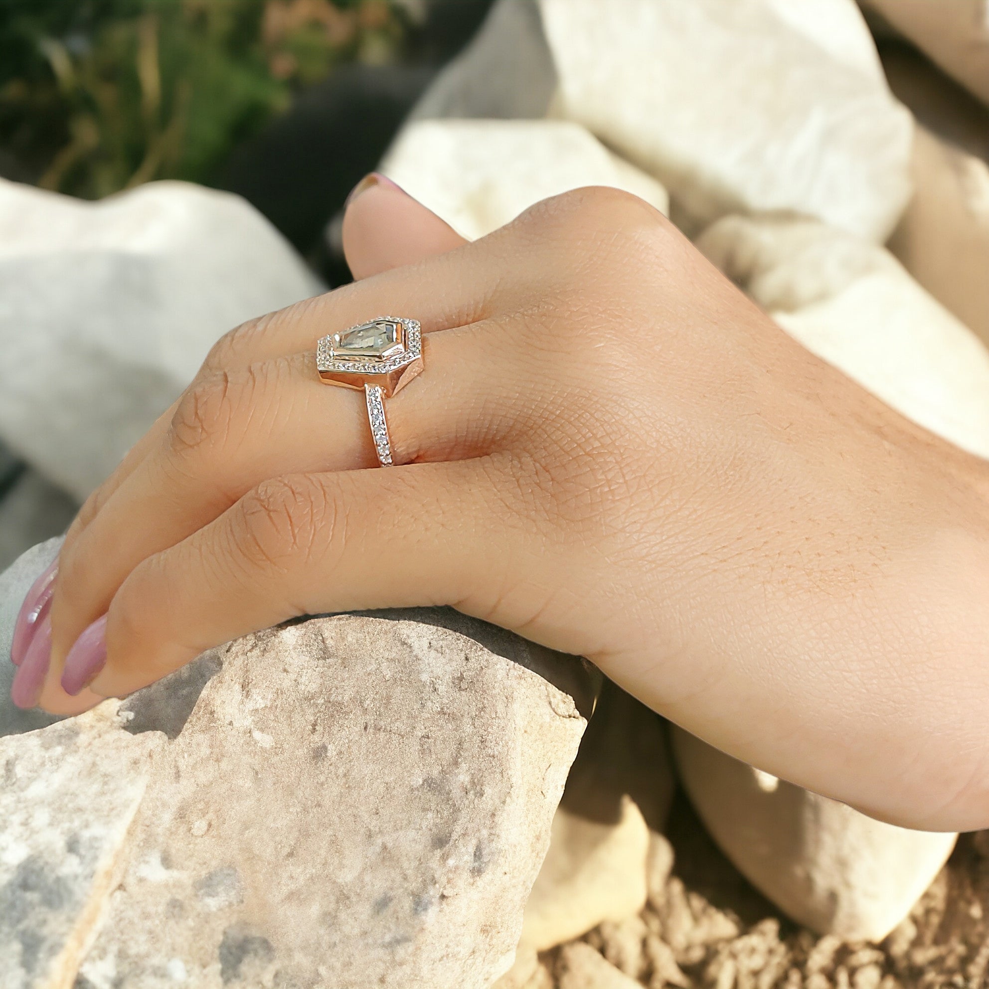 Coffin Cut Salt And Pepper Diamond Ring 0.96 Ct 6.84 MM Coffin Diamond Ring 14K Solid Rose Gold Silver Engagement Ring Gift For Her QN204