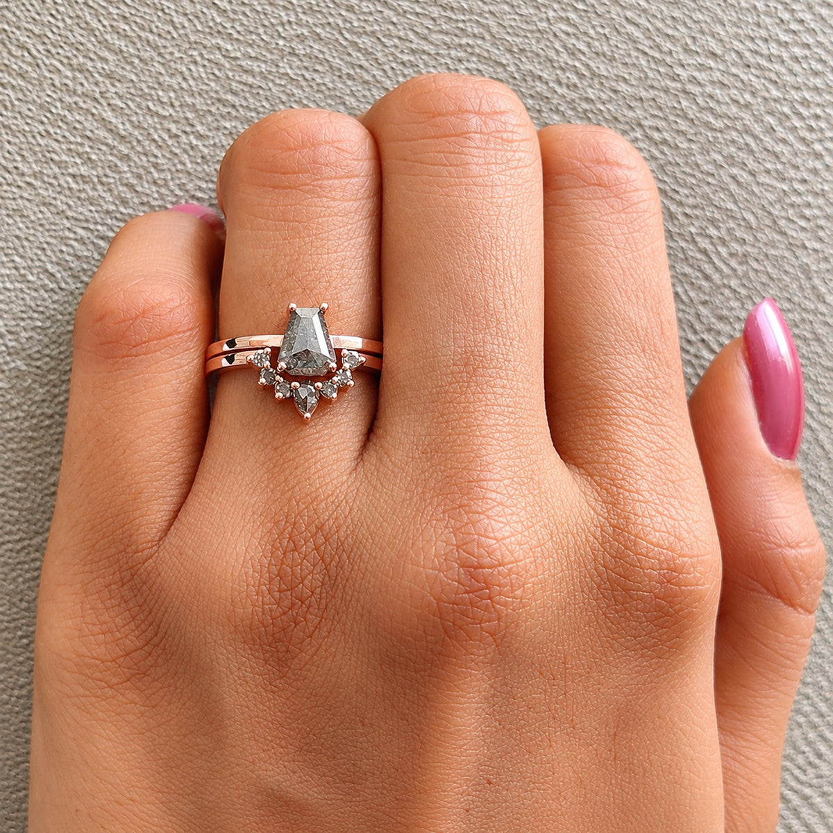 Coffin Shape Salt and Pepper Diamond Ring, 14K Rose Gold Coffin Engagement Ring, Bridal Ring Set, Unique Diamond Ring Gift for Her KDL3677