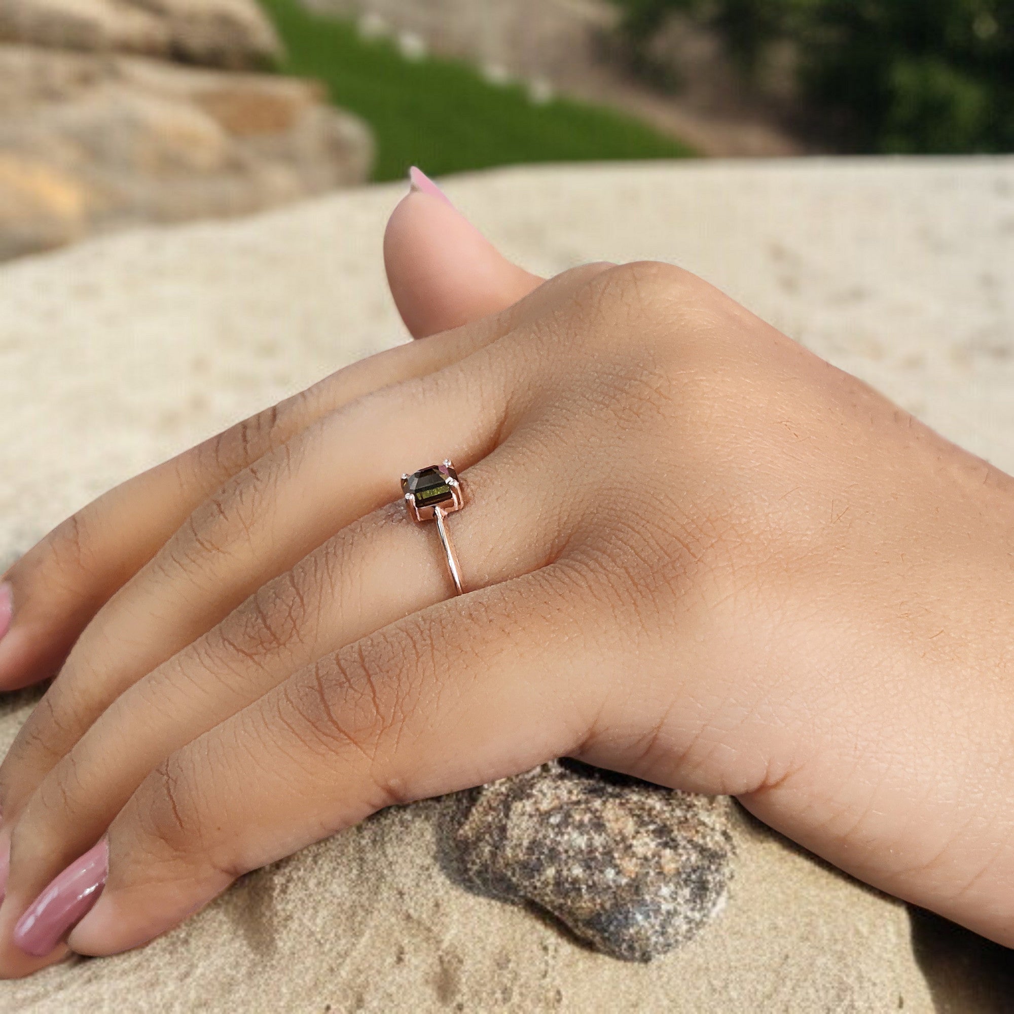 Emerald Cut Brown Color Diamond Ring 0.67 Ct 5.25 MM Emerald Shape Diamond Ring 14K Rose Gold Silver Engagement Ring Gift For Her QL1838