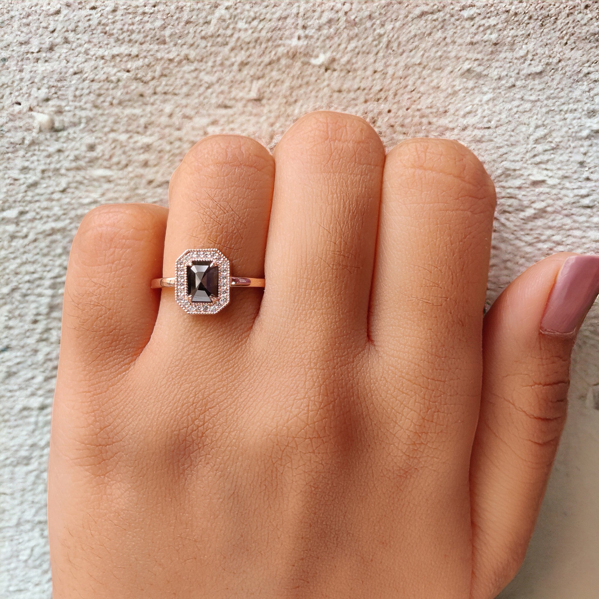 Emerald Cut Salt And Pepper Diamond Ring 0.84 Ct 6.20 MM Emerald Diamond Ring 14K Solid Rose Gold Silver Engagement Ring Gift For Her QN257