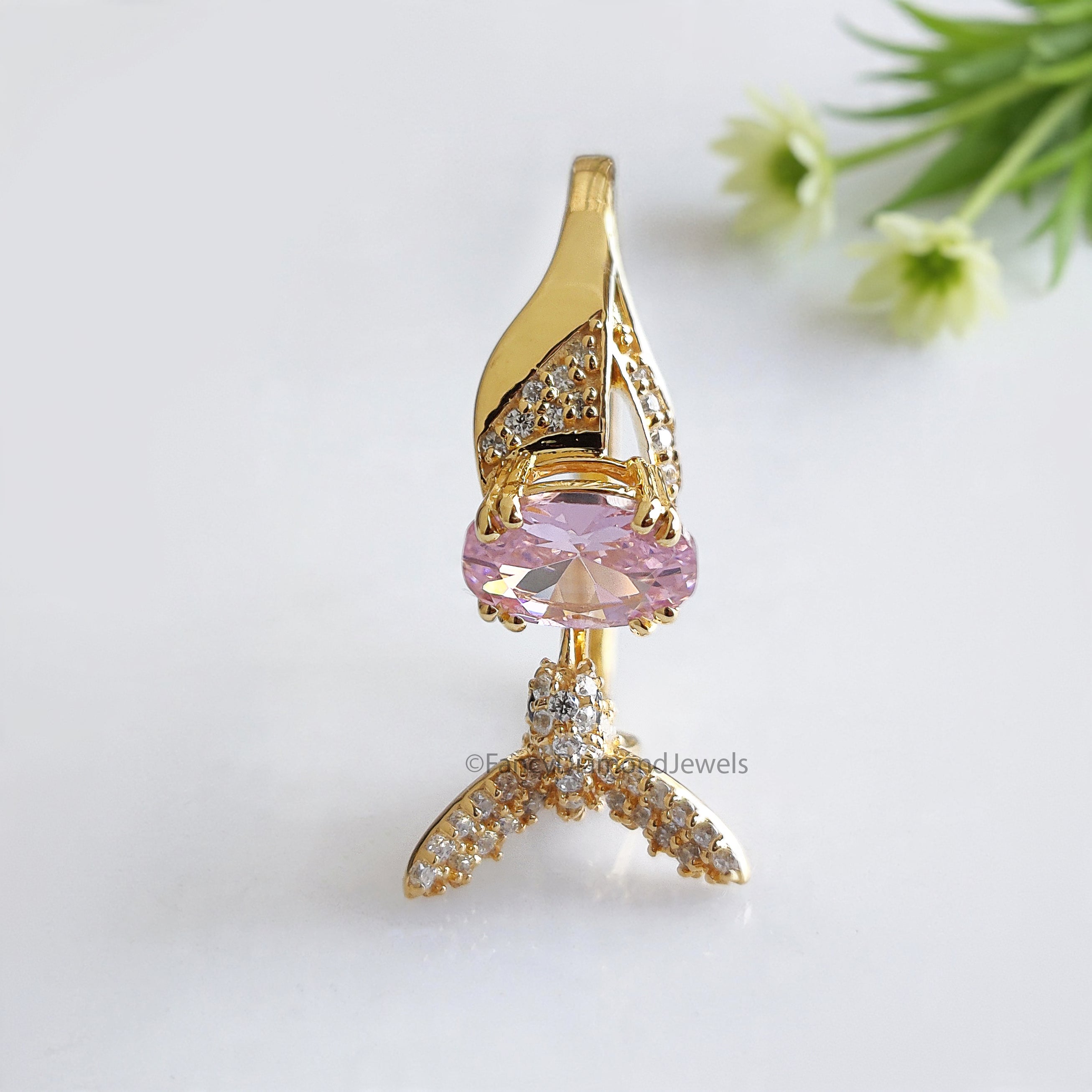 Oval Diamond Bird Ring Simulated Diamond Engagement Ring Yellow Plated Ring Anniversary Ring Simulant Pink Oval ring Gift For Her FD532