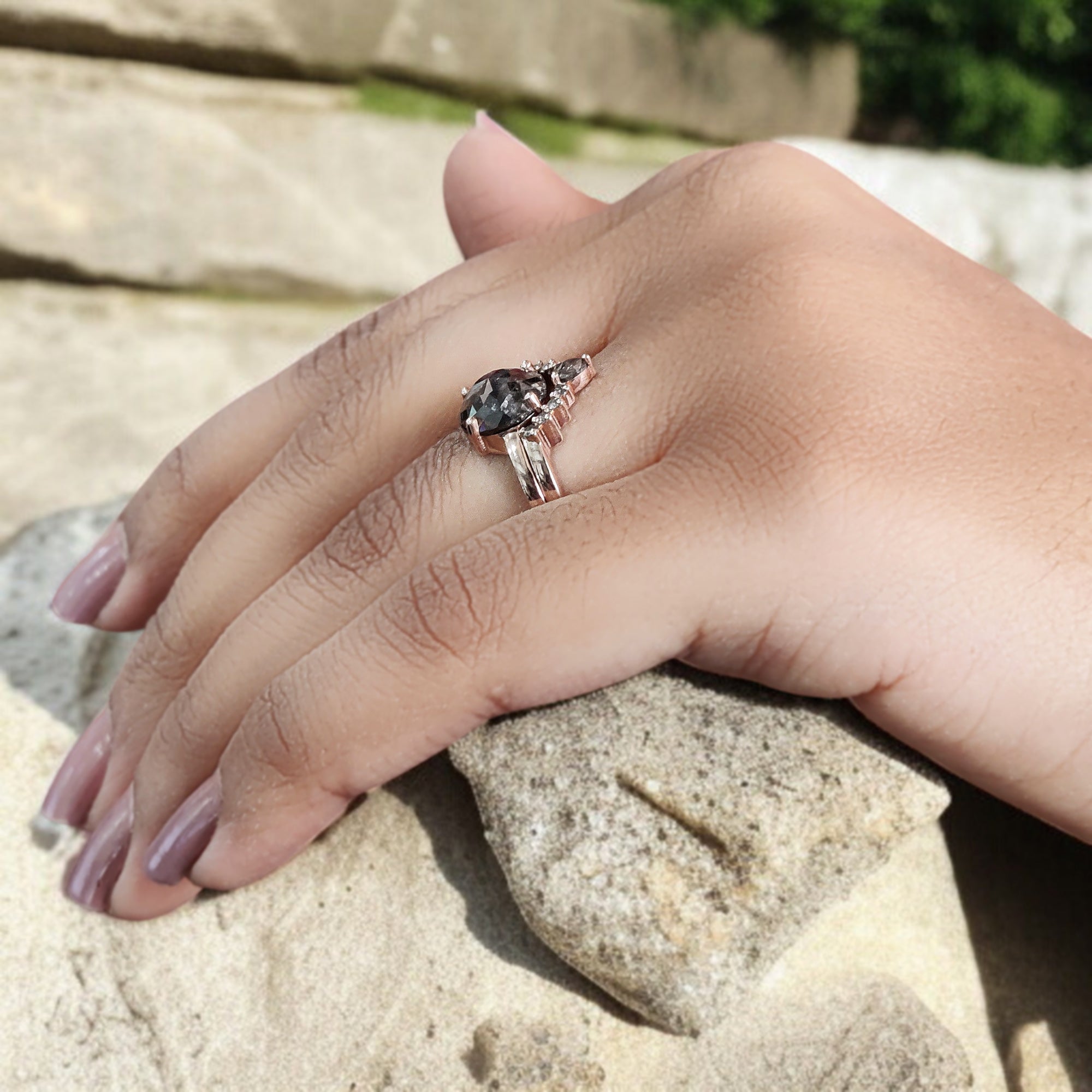 Round Rose Cut Salt And Pepper Diamond Ring 2.97 Ct 8.85 MM Round Diamond Ring 14K Solid Rose Gold Silver Engagement Ring Gift For Her QL064