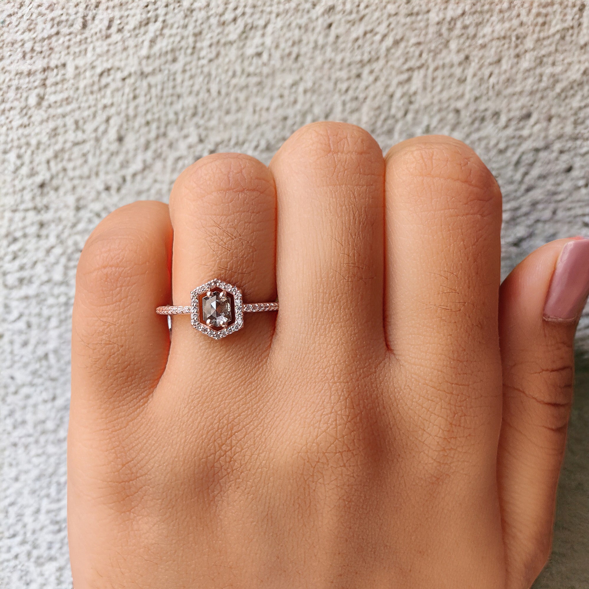 0.57 Ct Natural Hexagon Salt And Pepper Diamond Ring 5.40 MM Hexagon Shape Diamond Ring 14K Solid Rose Gold Silver Engagement Ring QN747
