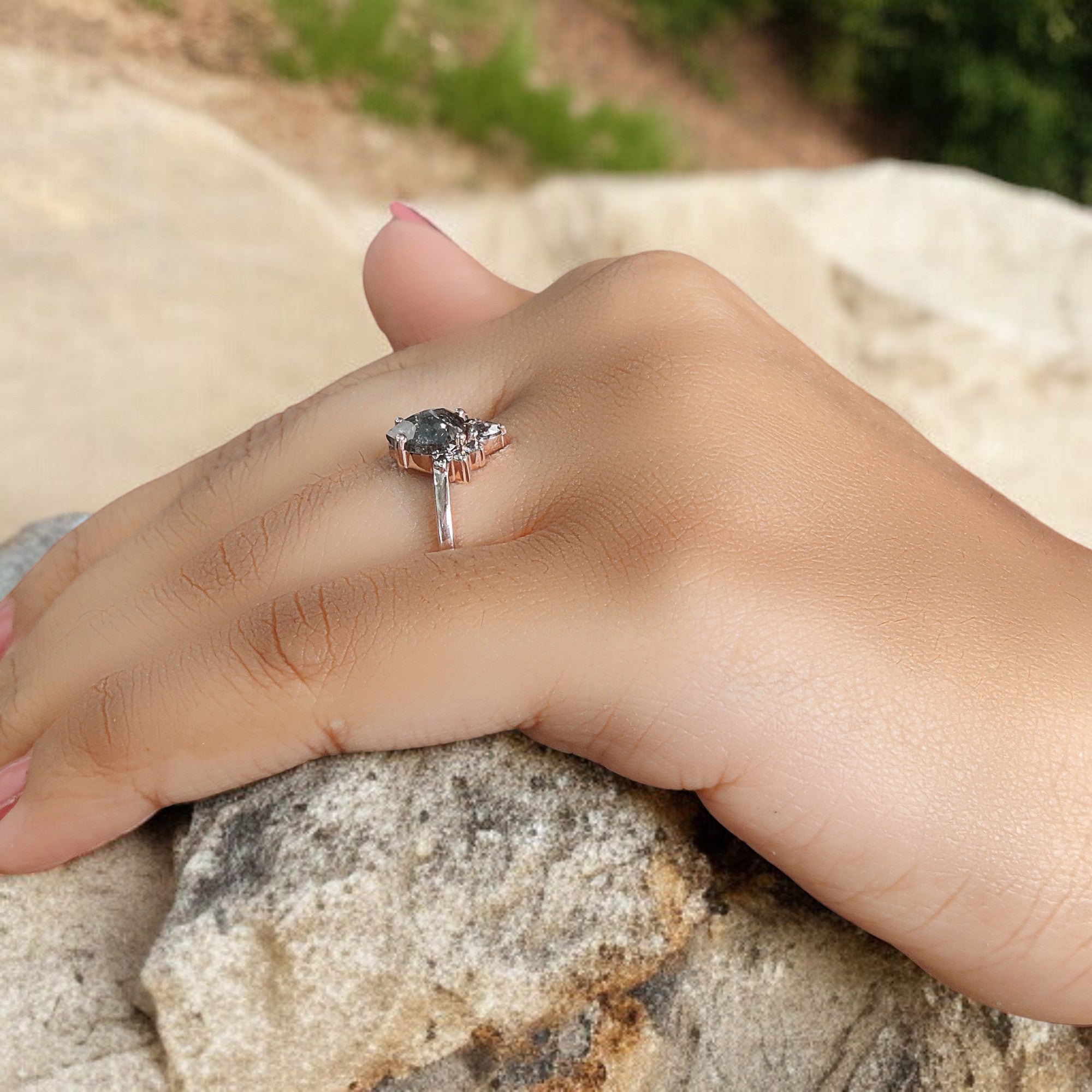 0.91 Ct Natural Pear Shape Salt And Pepper Diamond Ring 7.20 MM Pear Cut Diamond Ring 14K Solid Rose Gold Silver Engagement Ring QL1665