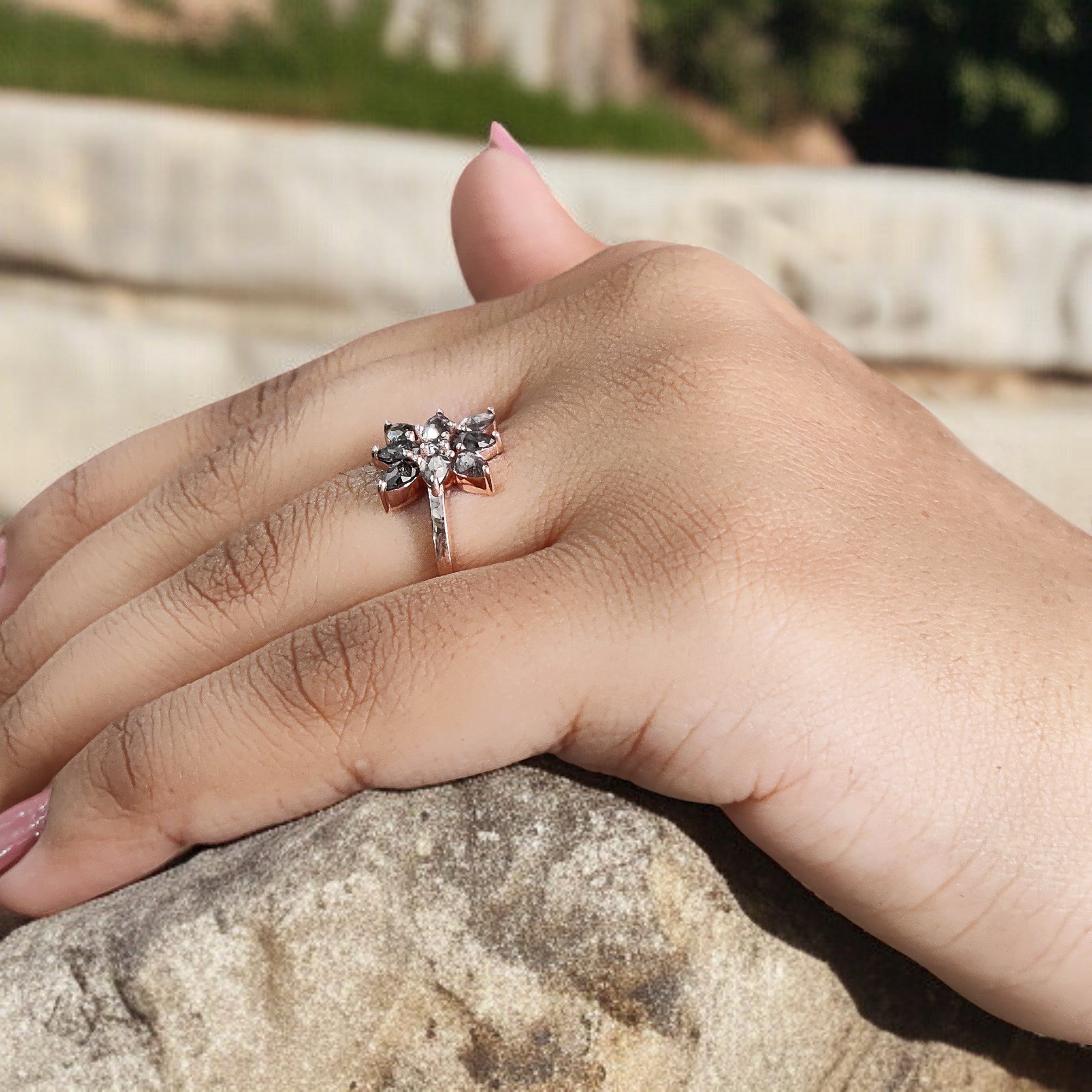 Pear Cut Salt And Pepper Diamond Ring 1.00 Ct 4.40 MM Pear Diamond Ring 14K Solid Rose Gold Silver Pear Engagement Ring Gift For Her QL1317