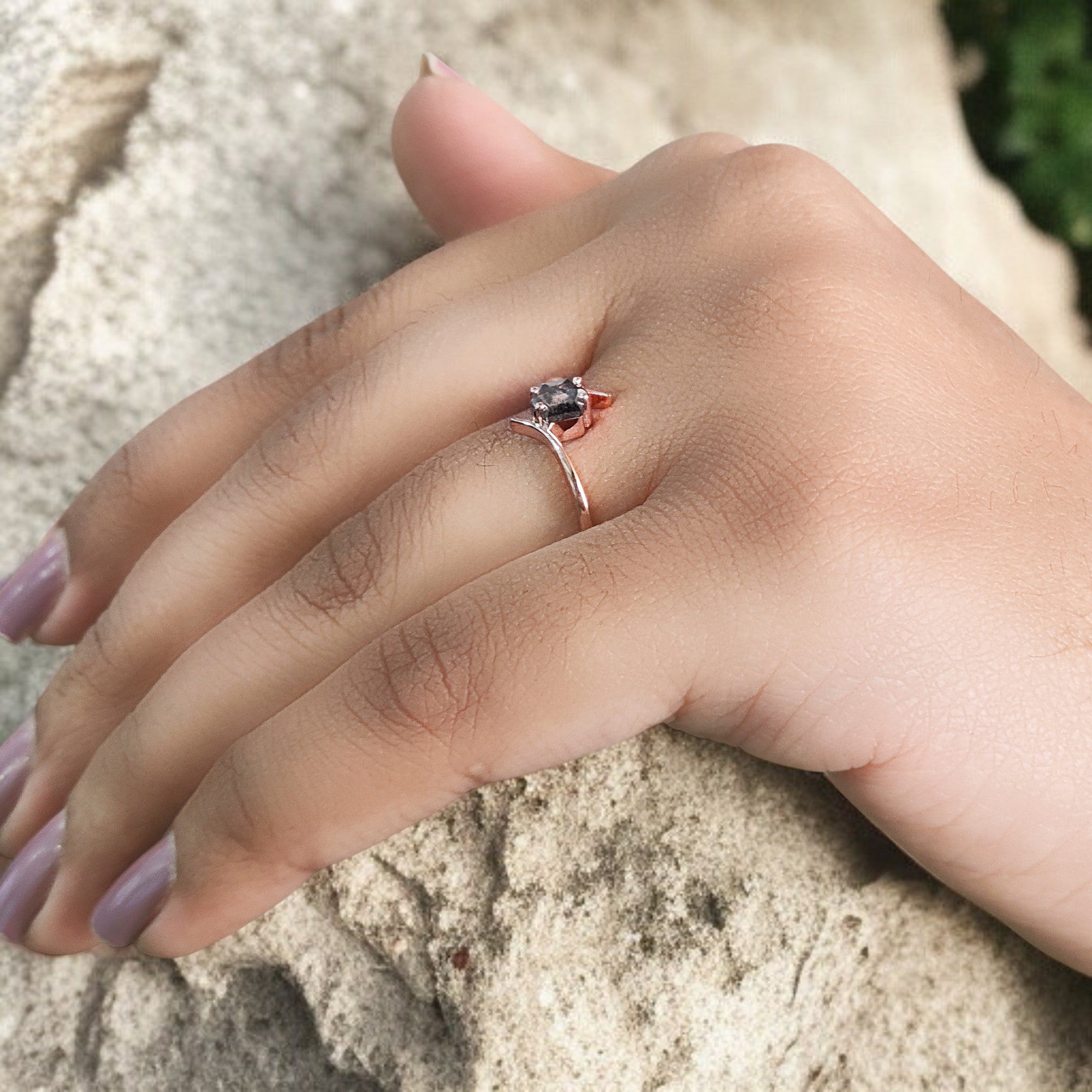 Hexagon Shape Black Color Diamond Ring 0.43 Ct 5.00 MM Hexagon Diamond Ring 14K Solid Rose Gold Silver Engagement Ring Gift For Her QN601