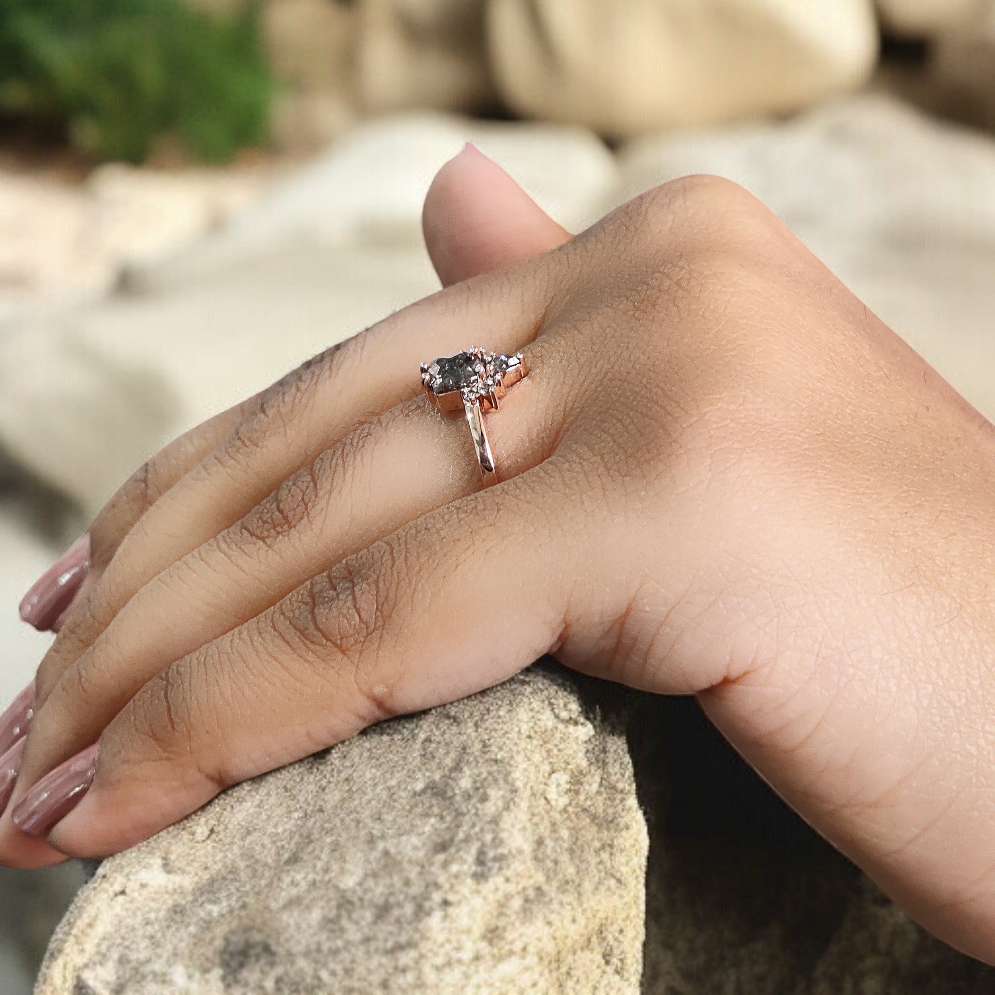 Hexagon Cut Salt And Pepper Diamond Ring 0.69 Ct 6.00 MM Hexagon Diamond Ring 14K Solid Rose Gold Silver Engagement Ring Gift For Her QN1480