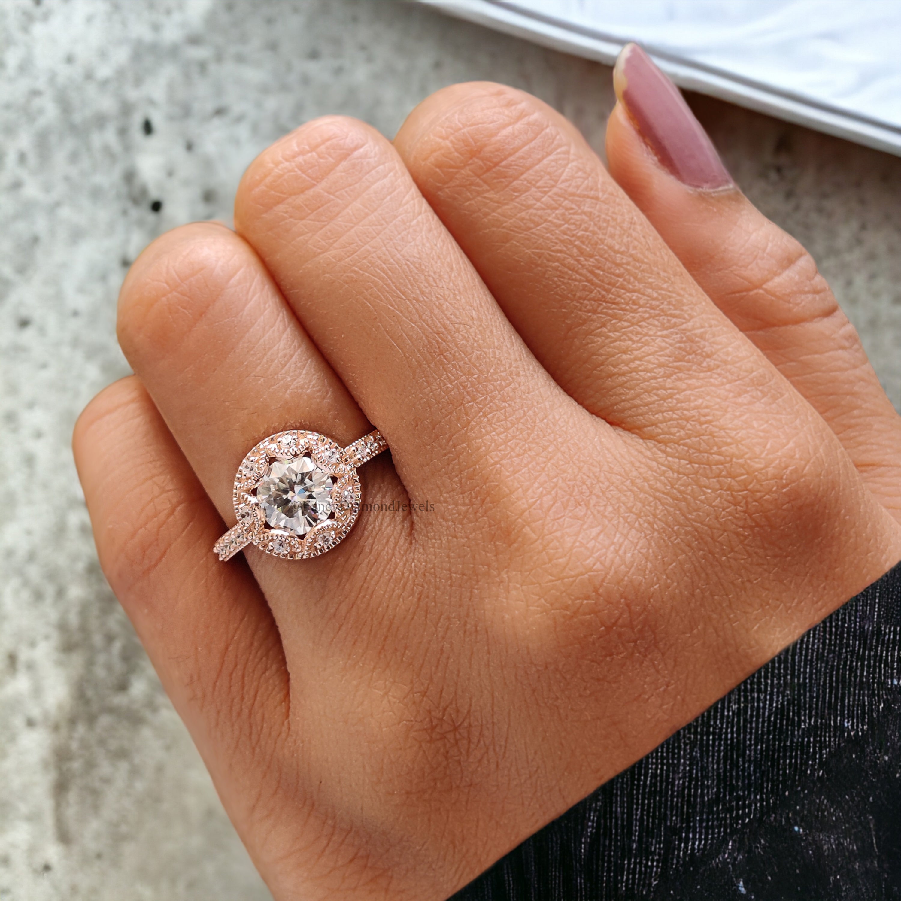 Round Cut Moissanite Engagement Ring Halo Milgrain Engagement Ring Handmade Jewelry Rose Gold Wedding Ring Surprise Gifts for Her FD166