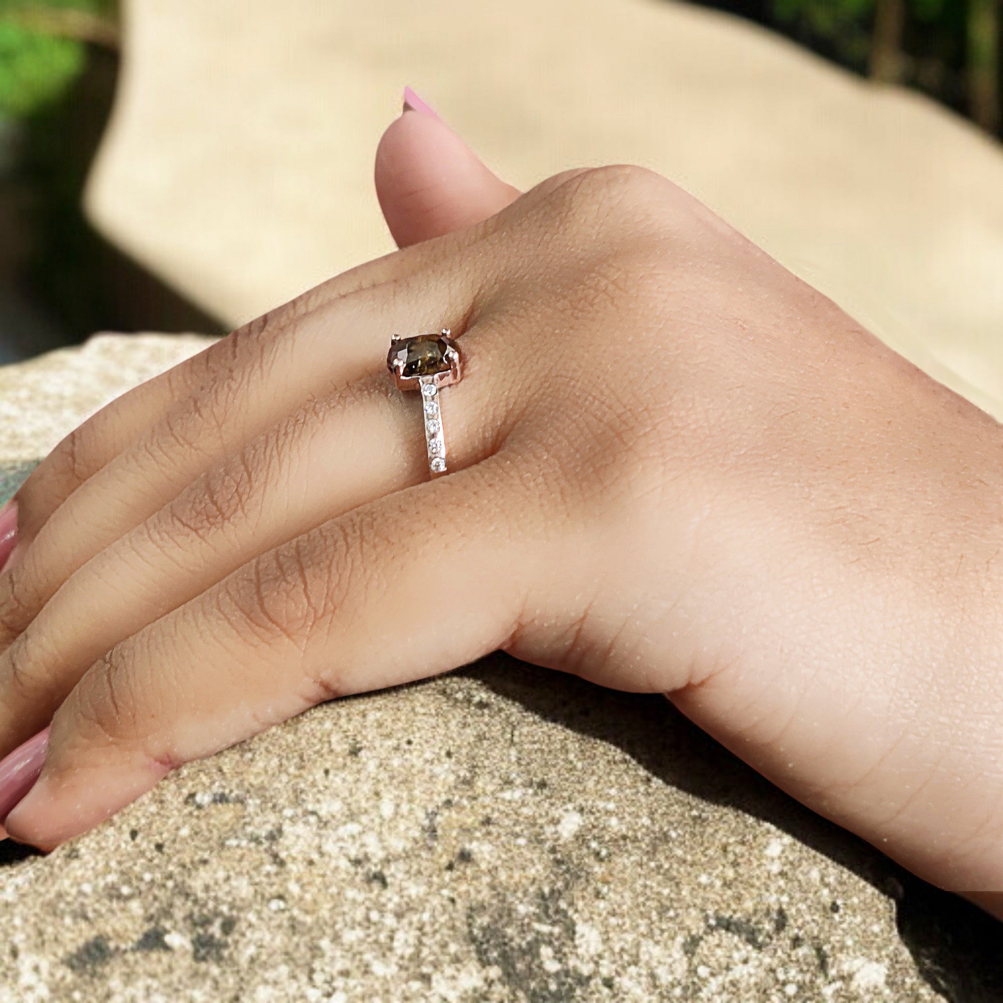 Oval Cut Brown Color Diamond Ring 1.18 Ct 7.11 MM Oval Shape Diamond Ring 14K Solid Rose Gold Silver Engagement Ring Gift For Her QL2867