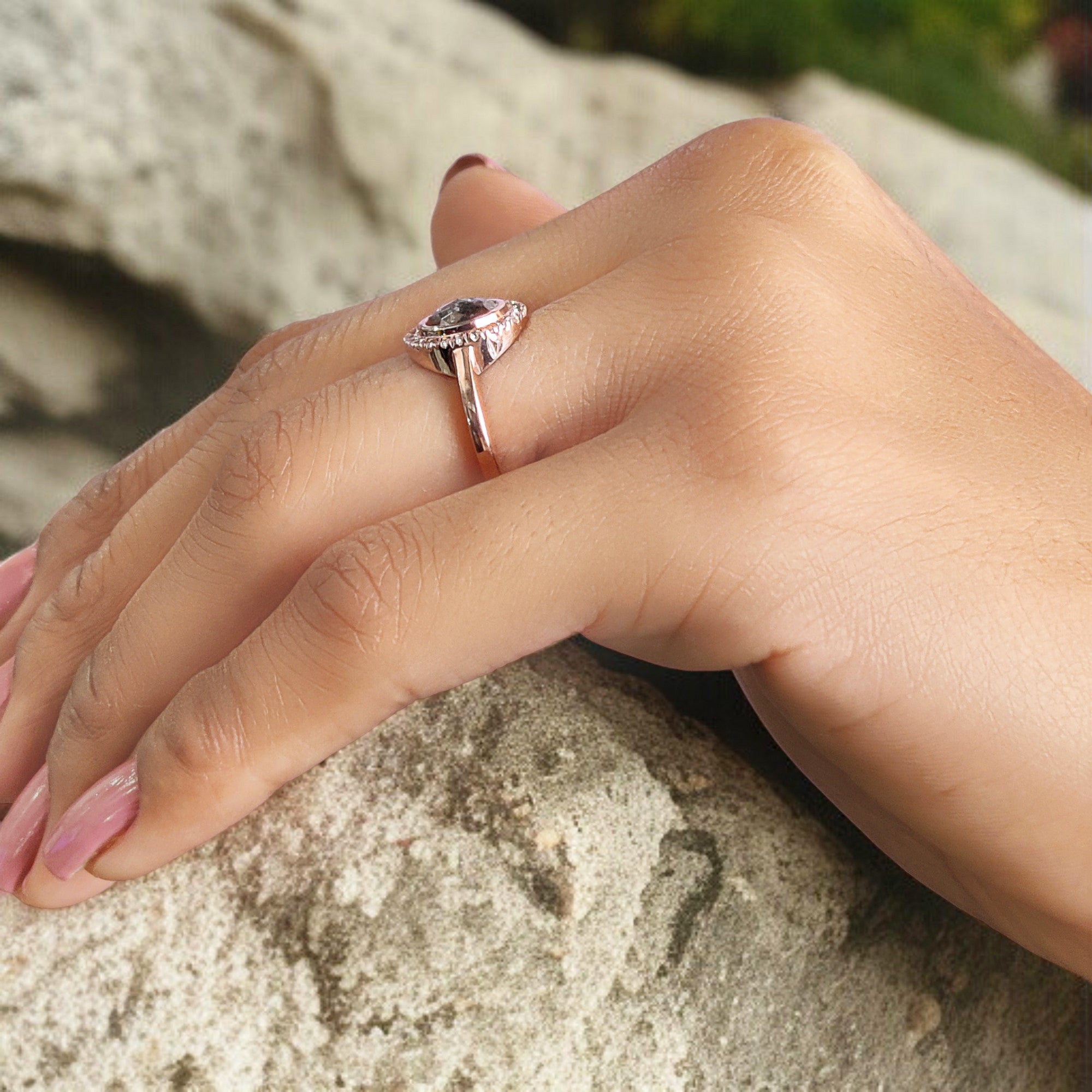 Round Rose Cut Salt And Pepper Diamond Ring 1.14 Ct 7.28 MM Round Diamond Ring 14K Rose Gold Silver Engagement Ring Gift For Her QL2590