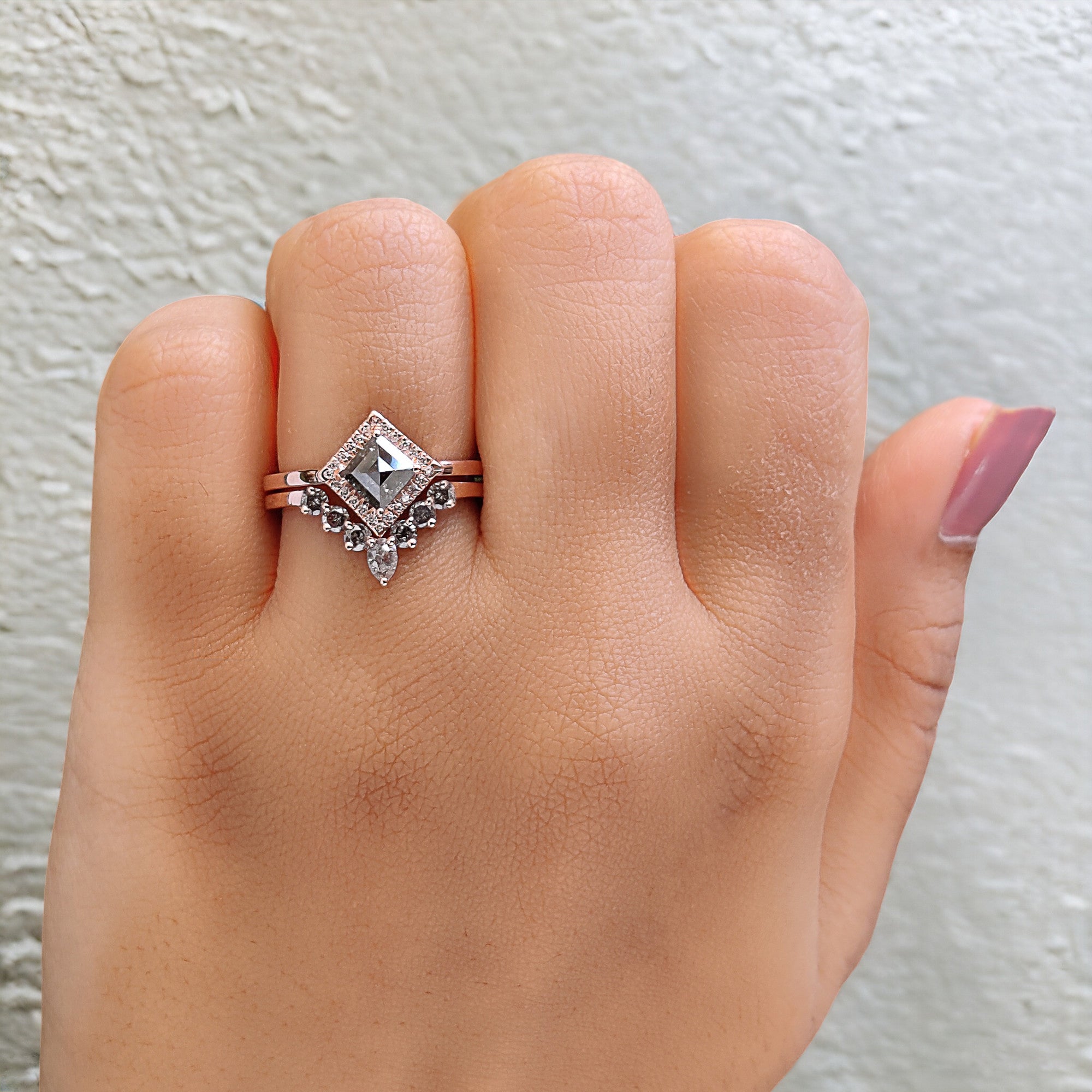 Kite Cut Salt And Pepper Diamond Ring 0.60 Ct 6.80 MM Kite Diamond Ring 14K Solid Rose Gold Silver Kite Engagement Ring Gift For Her QL159