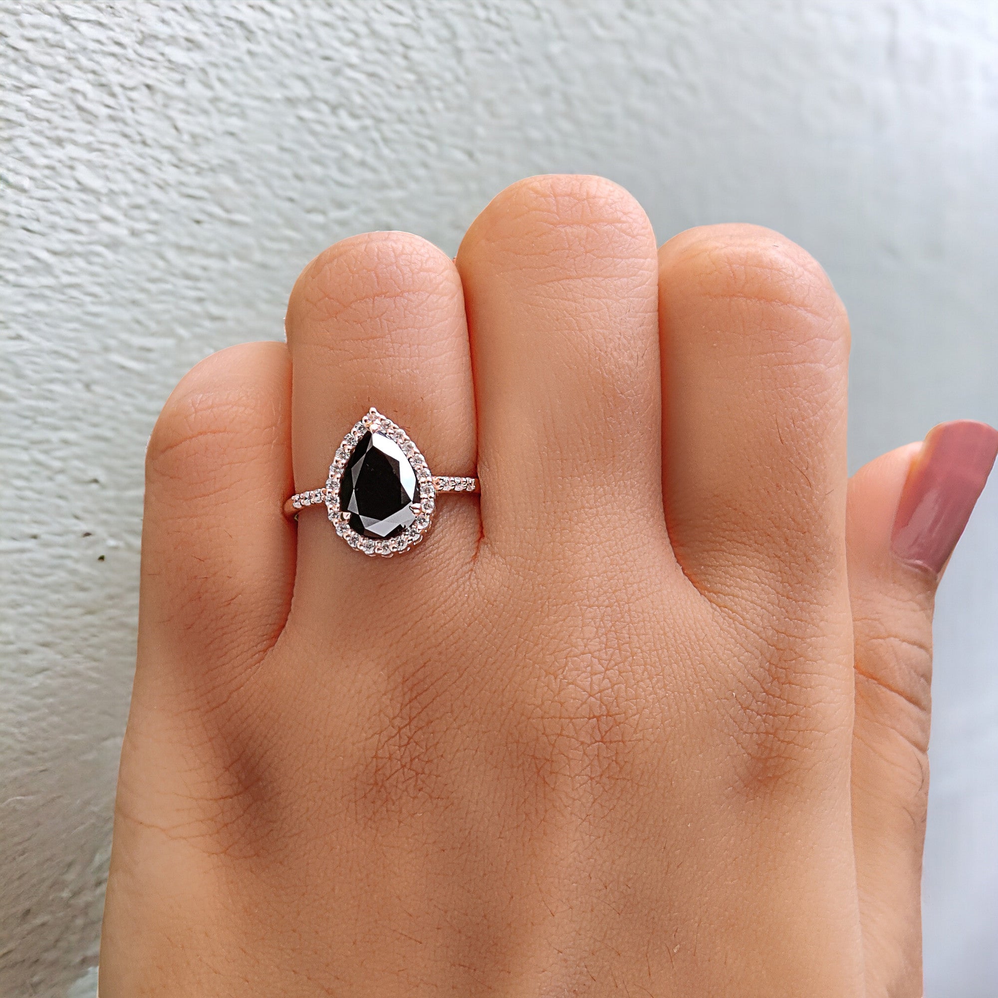 Pear Cut Black Color Diamond Ring 1.97 Ct 9.65 MM Pear Shape Diamond Ring 14K Solid Rose Gold Silver Pear Engagement Ring Gift For Her QN1542