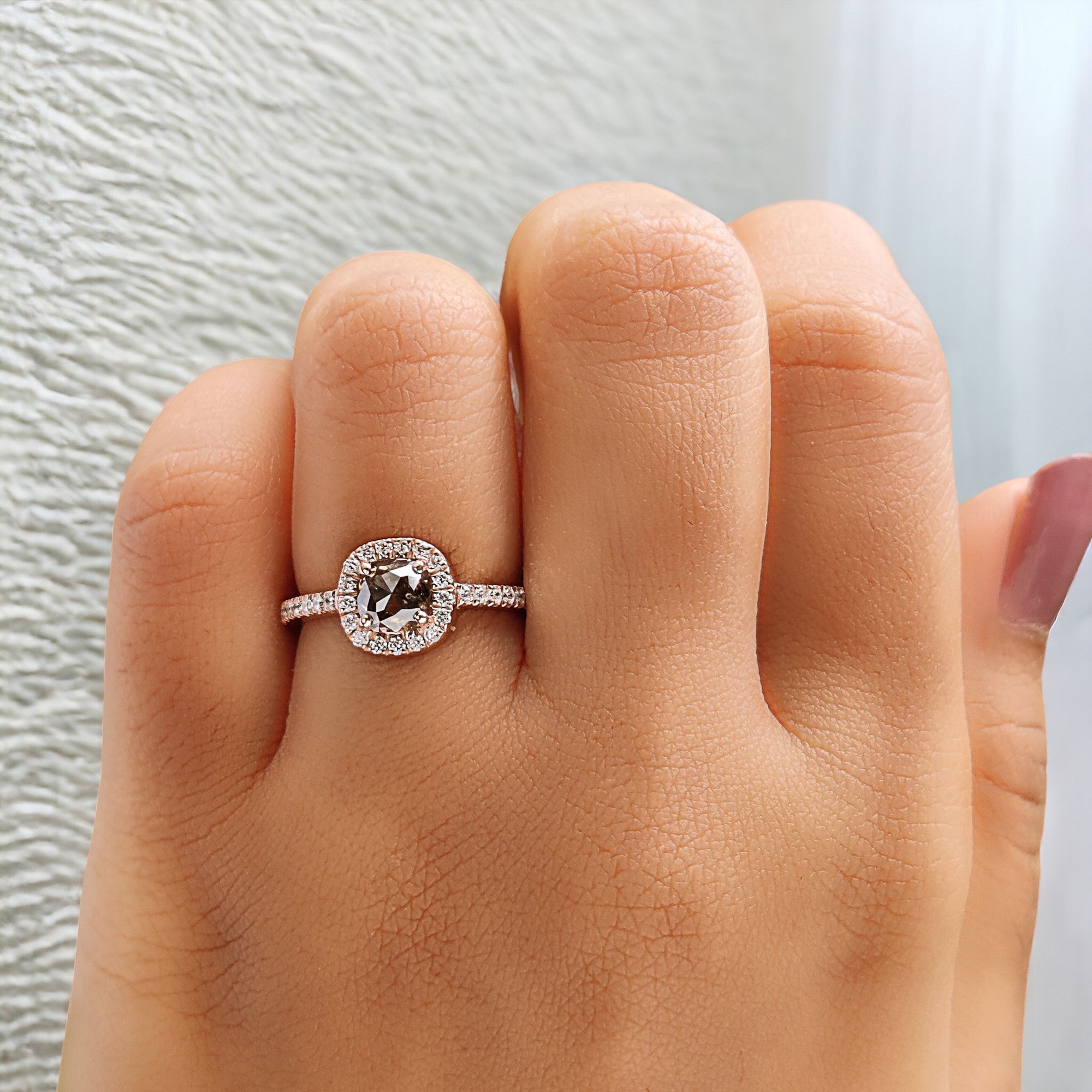 0.85 Ct Natural Cushion Cut Salt And Pepper Diamond Ring 5.35 MM Cushion Shape Diamond Ring 14K Solid Rose Gold Silver Engagement Ring QN709