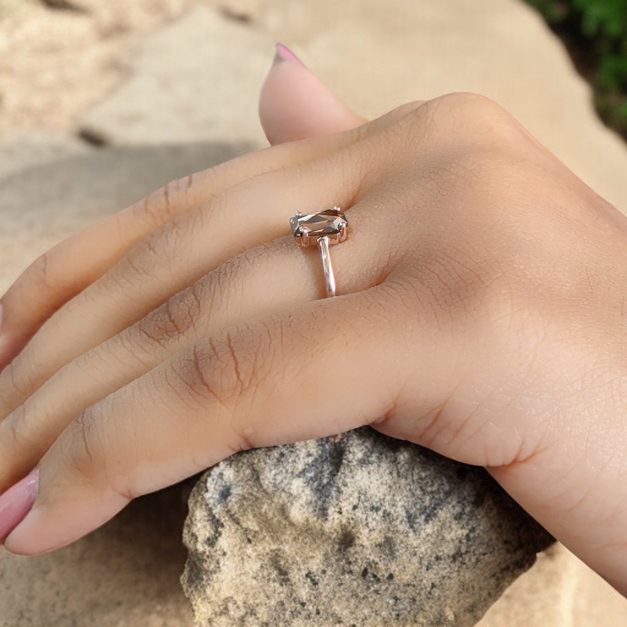 Coffin Brown Color Diamond Ring 0.86 Ct 7.20 MM Brown Color Coffin Diamond Ring 14K Solid Rose Gold Silver Engagement Ring Gift For Her QL6459