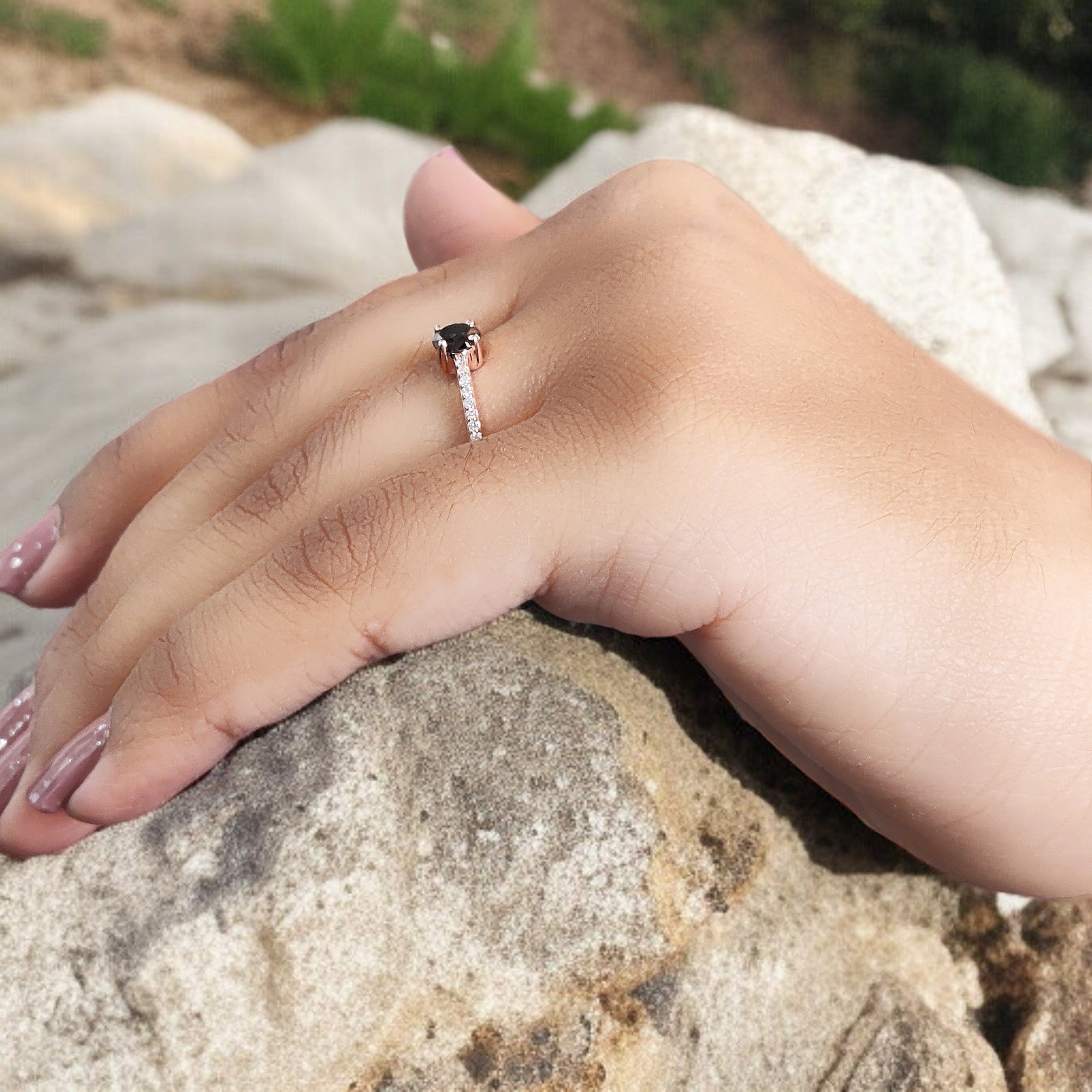 0.43 Ct Natural Round Shape Salt And Pepper Diamond Ring 4.75 MM Round Cut Diamond Ring 14K Solid Rose Gold Silver Engagement Ring QL5995