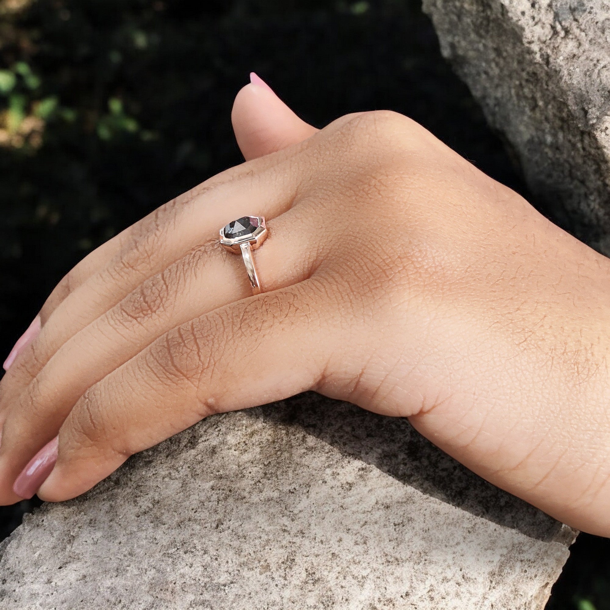 Emerald Cut Salt And Pepper Diamond Ring 1.08 Ct 6.50 MM Emerald Diamond Ring 14K Solid Rose Gold Silver Engagement Ring Gift For Her QL7004