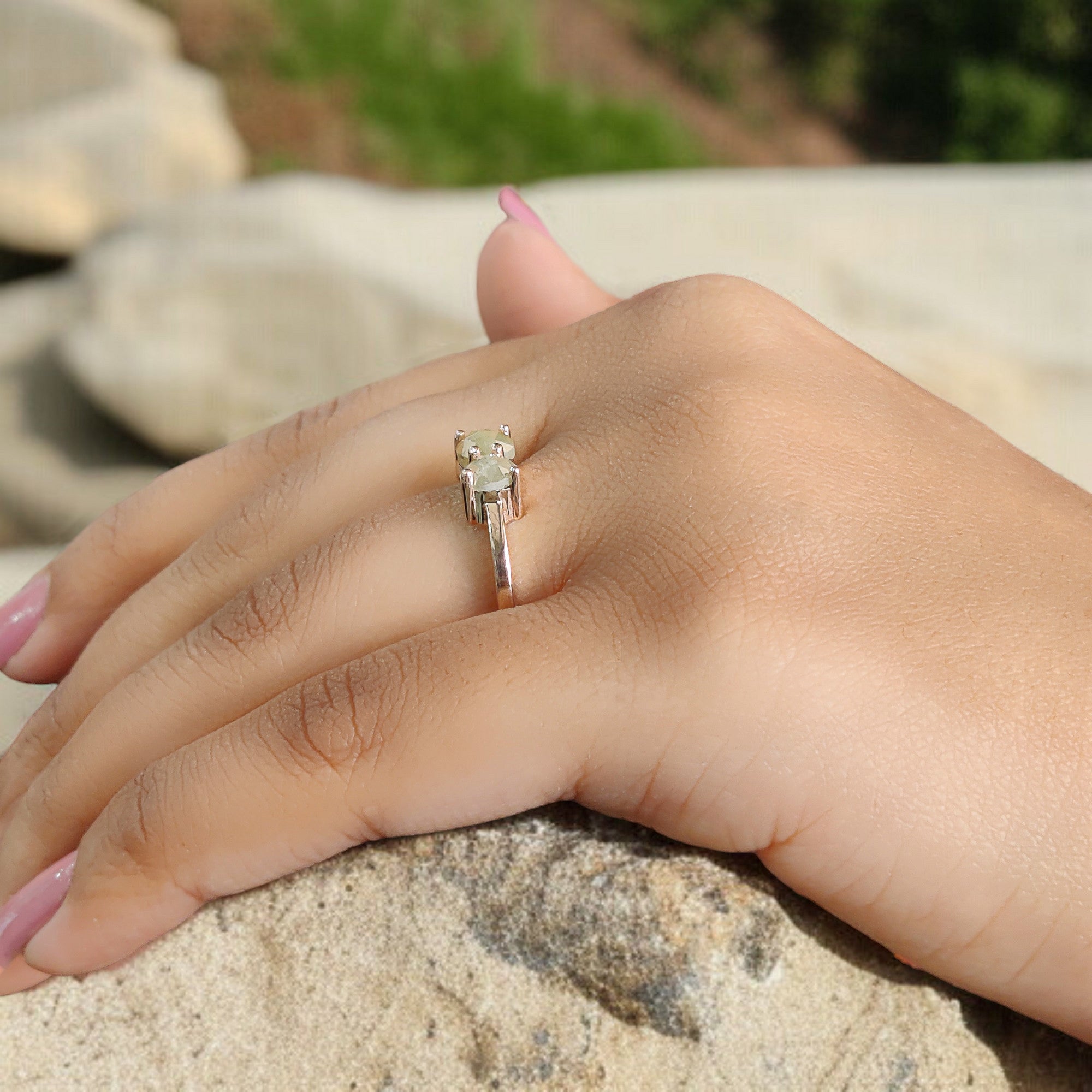 Round Rose Cut Yellow Color Diamond Ring 1.16 Ct 5.00 MM Round Grey Diamond Ring 14K Rose Gold Silver Engagement Ring Gift For Her QL7803