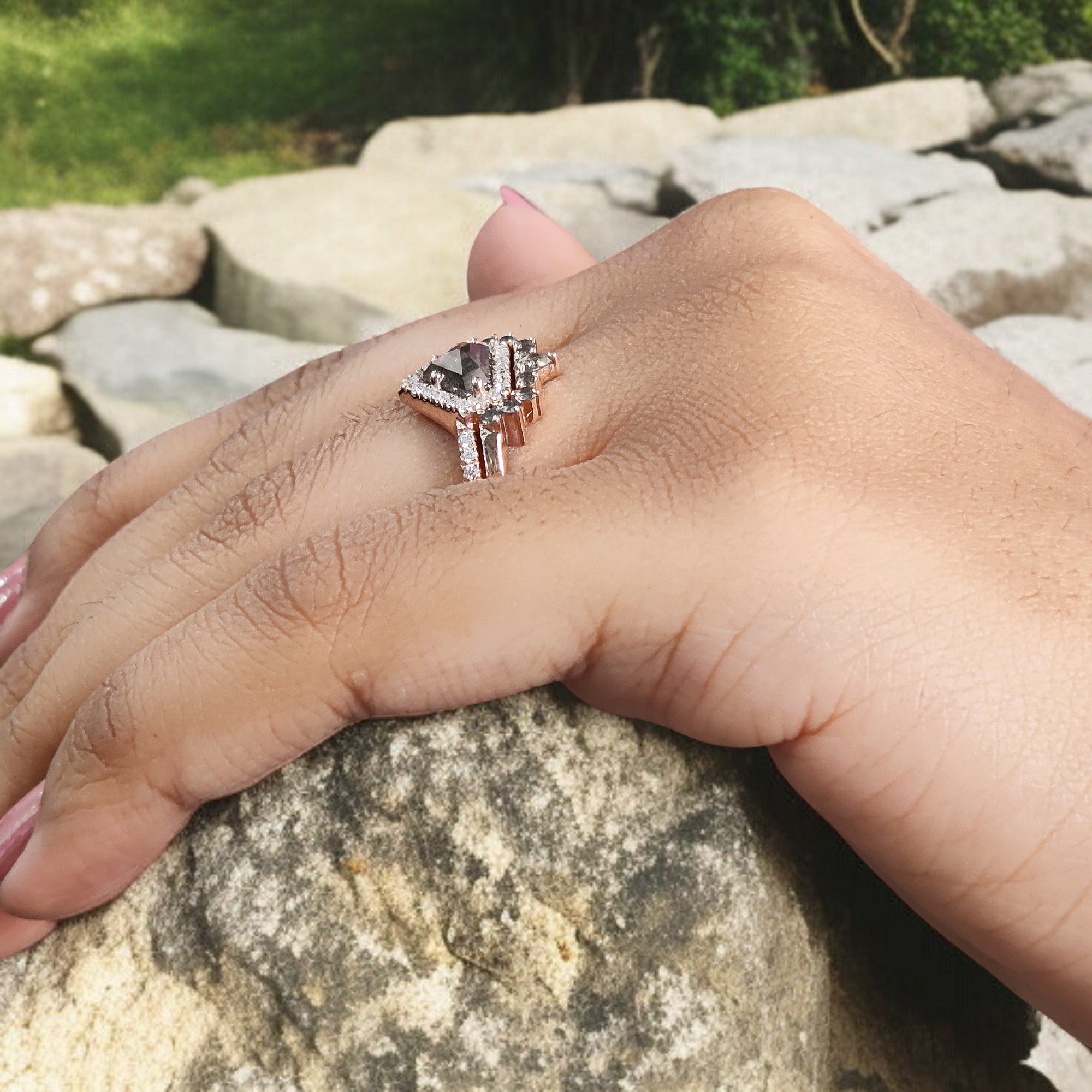 Shield Cut Salt And Pepper Diamond Ring 0.87 Ct 5.39 MM Shield Diamond Ring 14K Solid Rose Gold Silver Engagement Ring Gift For Her QL1942