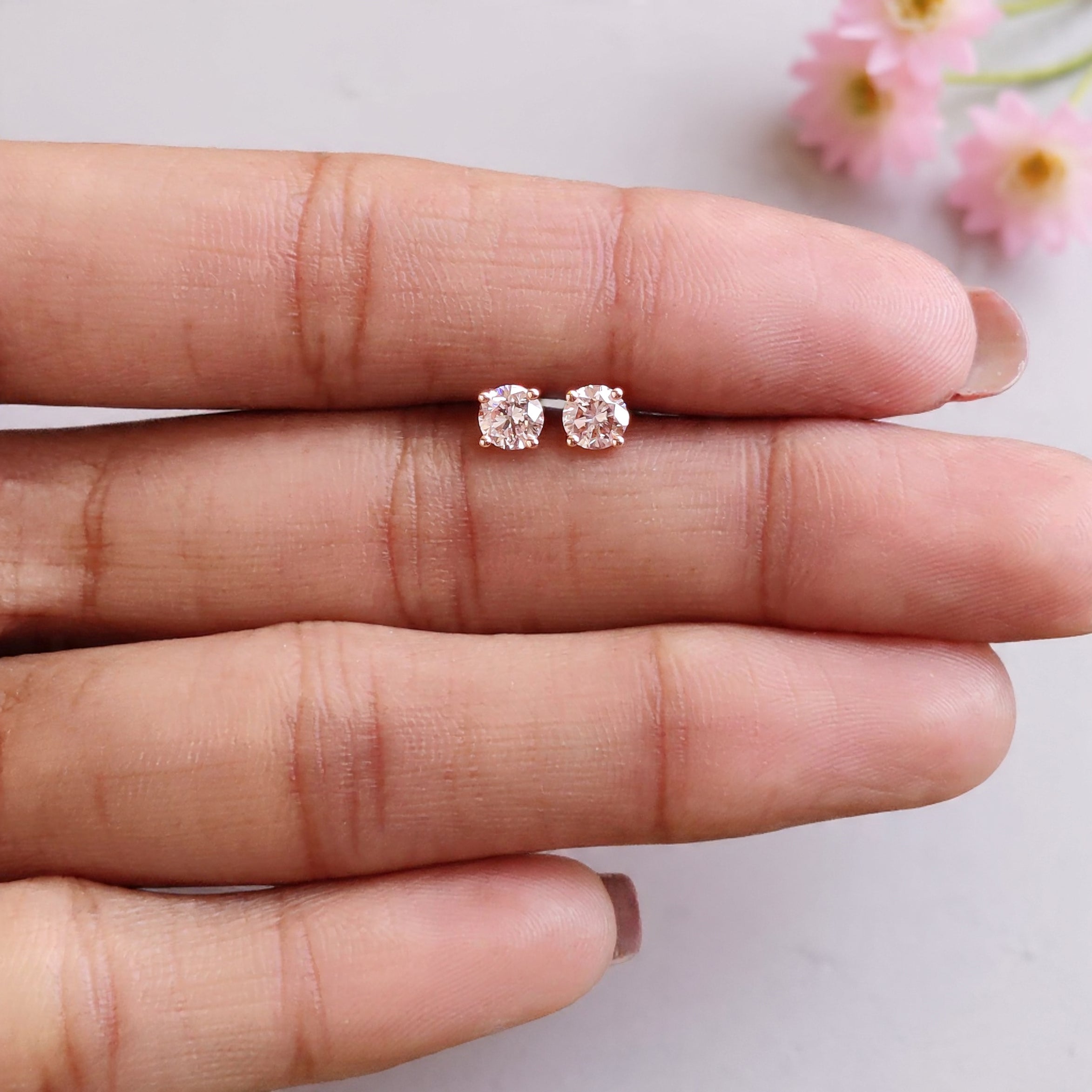 Round Lab Grown Pink Color Diamond Earring 0.56 Ct 4.20 MM Round Diamond Earring 14K Solid Rose Gold Silver Earring Gift For Her KDL3548