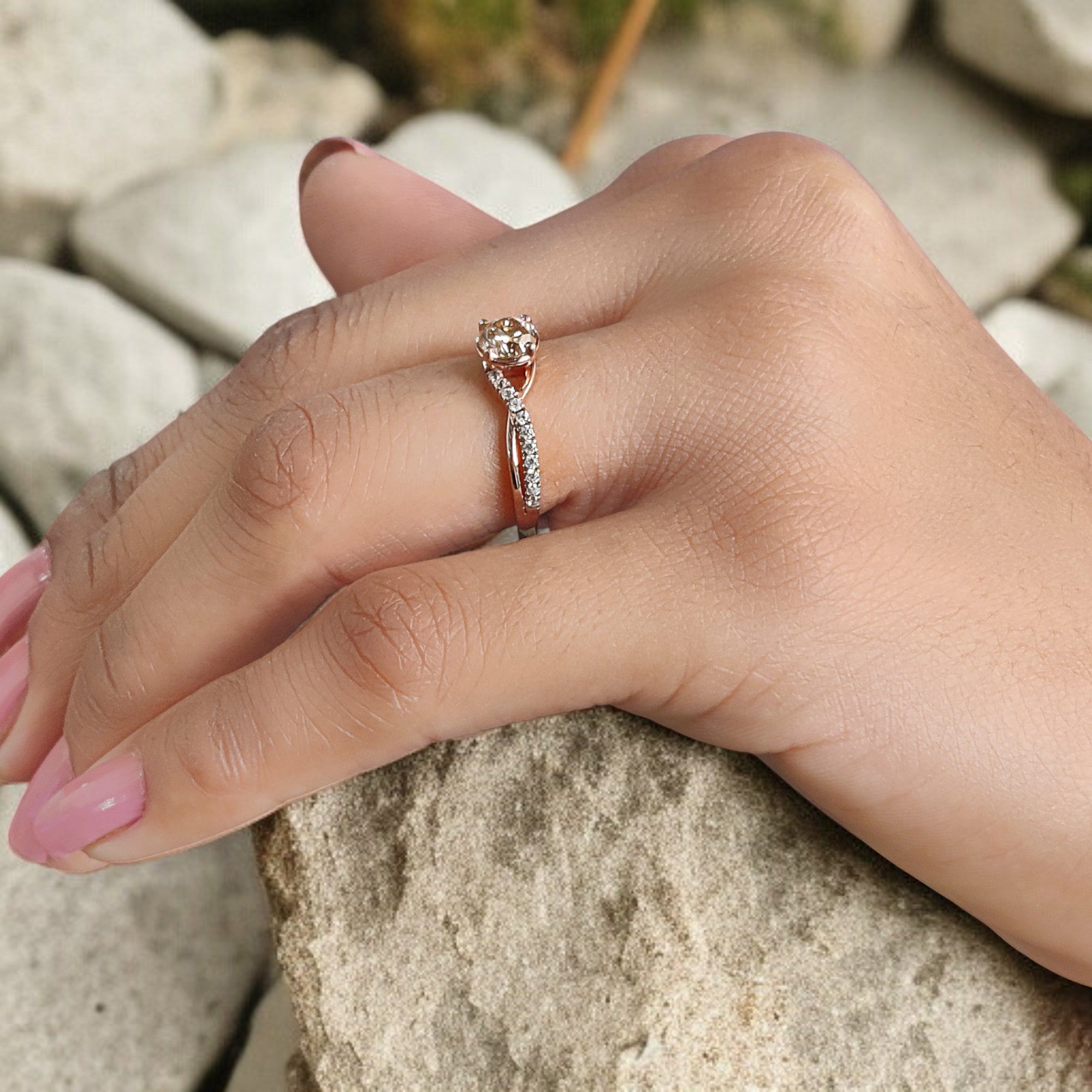 Round Shape Brown Color Diamond Ring 0.62 Ct 5.20 MM Round Cut Diamond Ring 14K Solid Rose Gold Silver Engagement Ring Gift For Her QL628