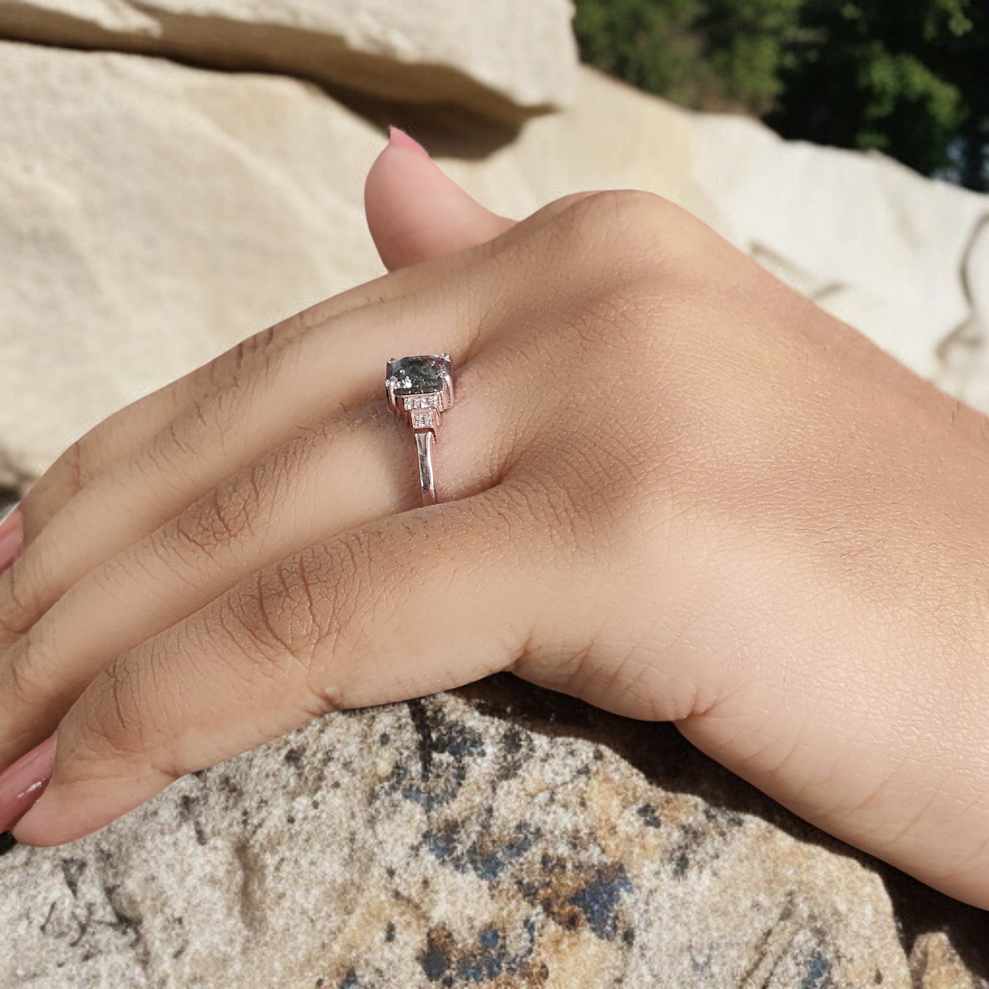 Emerald Salt And Pepper Diamond Ring 0.96 Ct 6.25 MM Emerald Diamond Ring 14K Solid Rose Gold Silver Engagement Ring Gift For Her QL1205