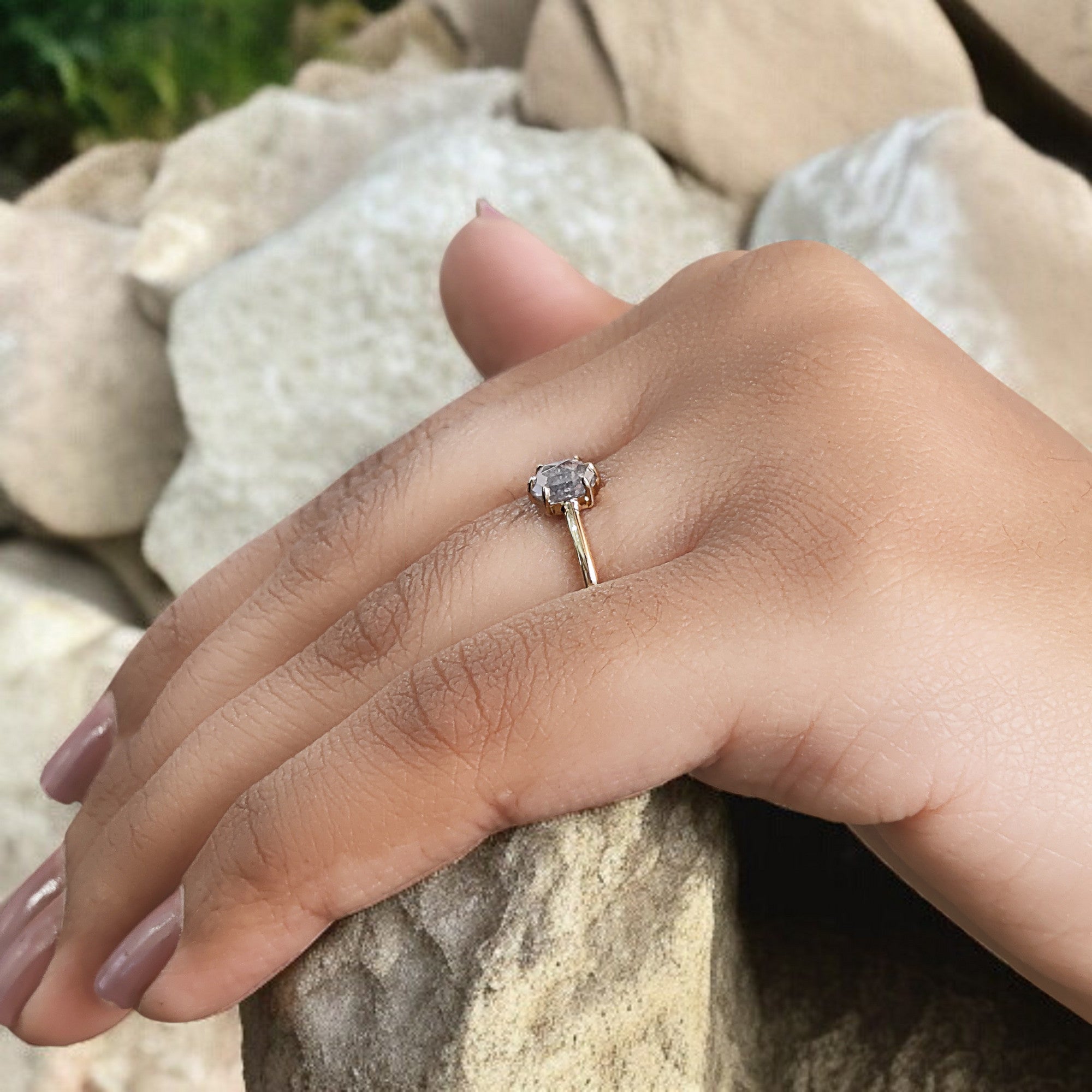 Hexagon Salt And Pepper Diamond Ring 0.62 Ct 5.70 MM Hexagon Diamond Ring 14K Solid Yellow Gold Silver Engagement Ring Gift For Her QN1435